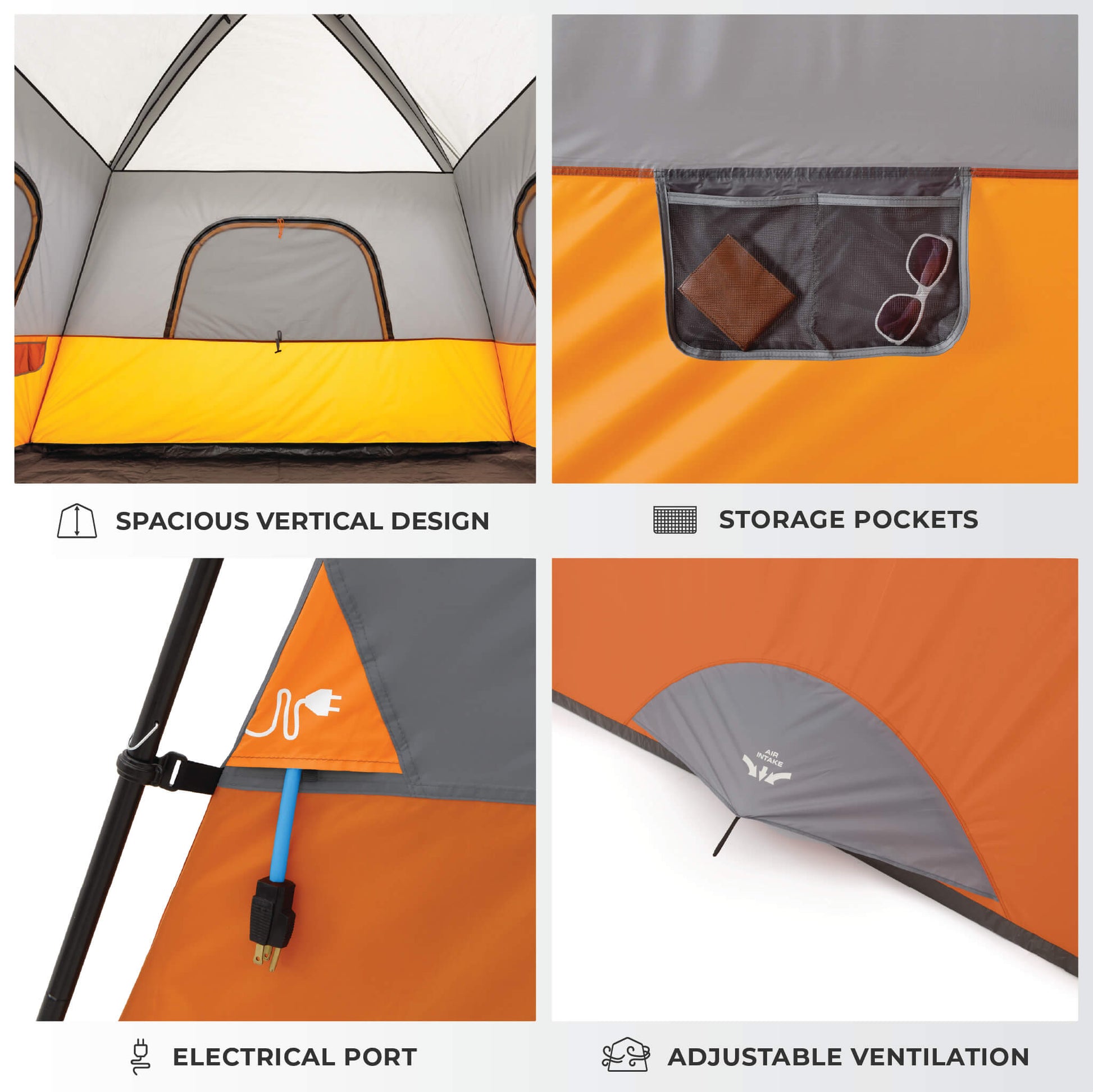 CORE 6 person straight wall cabin tent interior showing spacious vertical design, storage pockets, electrical port, and adjustable ventilation.
