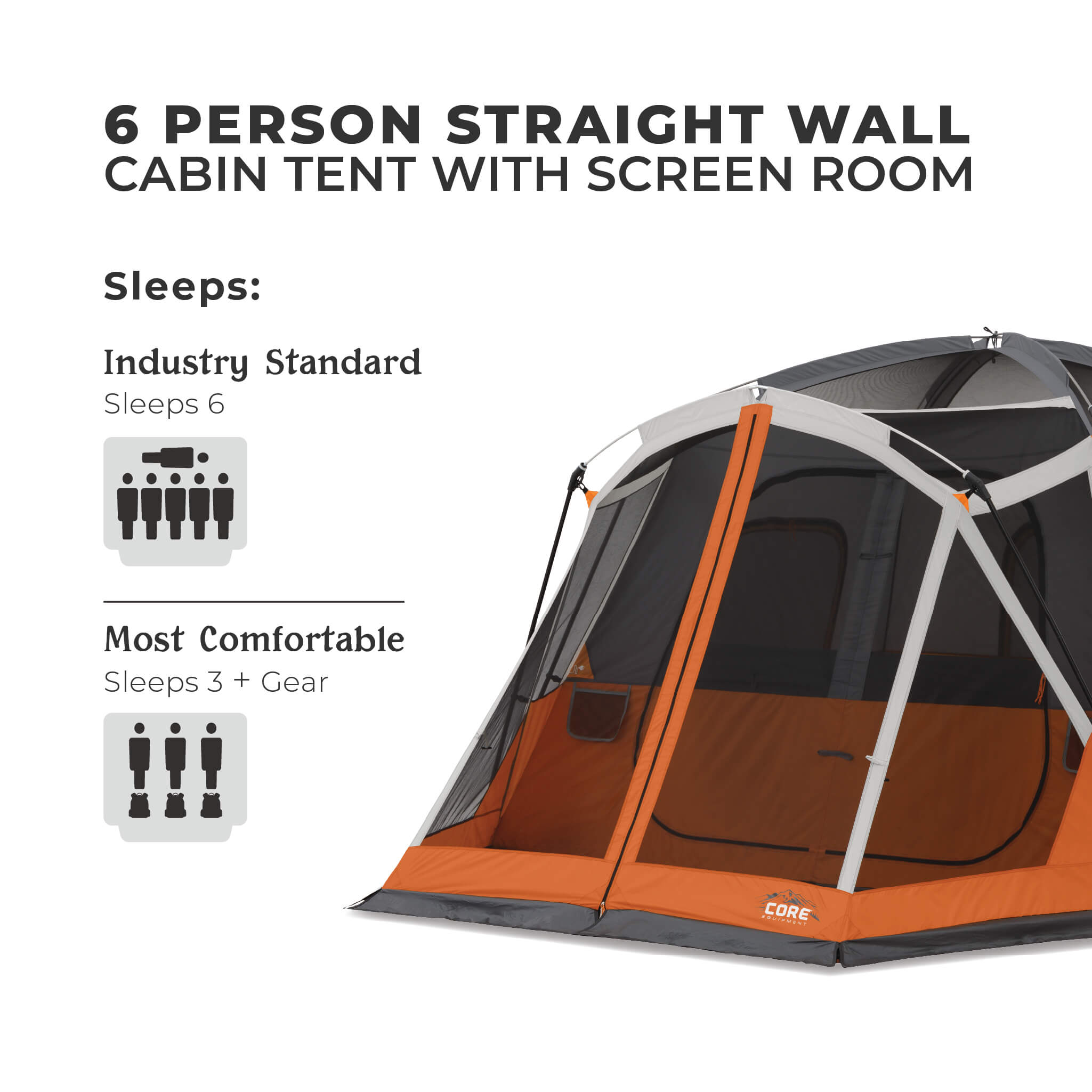 6 Person Straight Wall Cabin Tent with Screen Room – Core Equipment