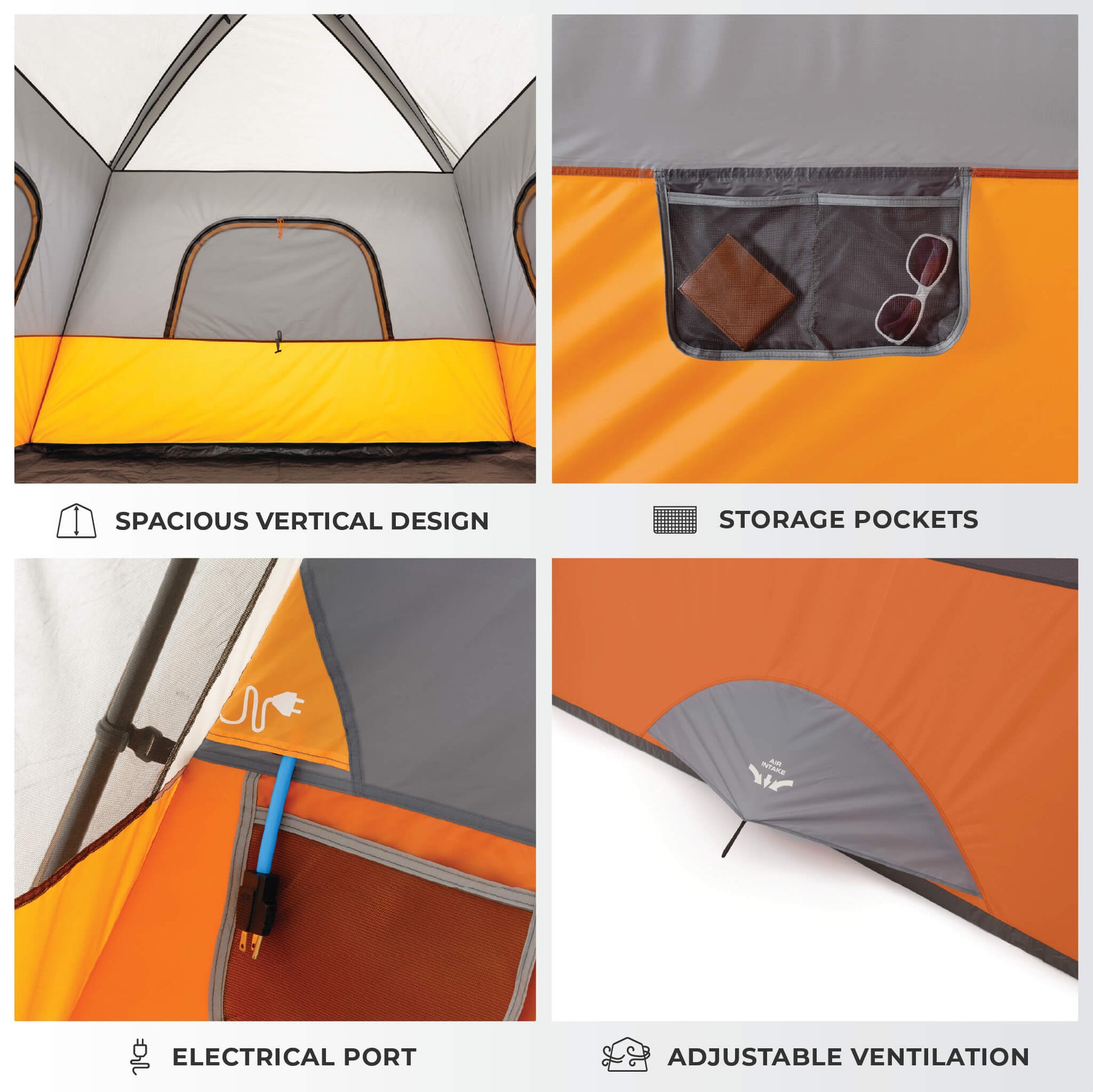 CORE 6 person straight wall cabin tent with screen room interior showing spacious vertical design, storage pockets, electrical port, and adjustable ventilation.