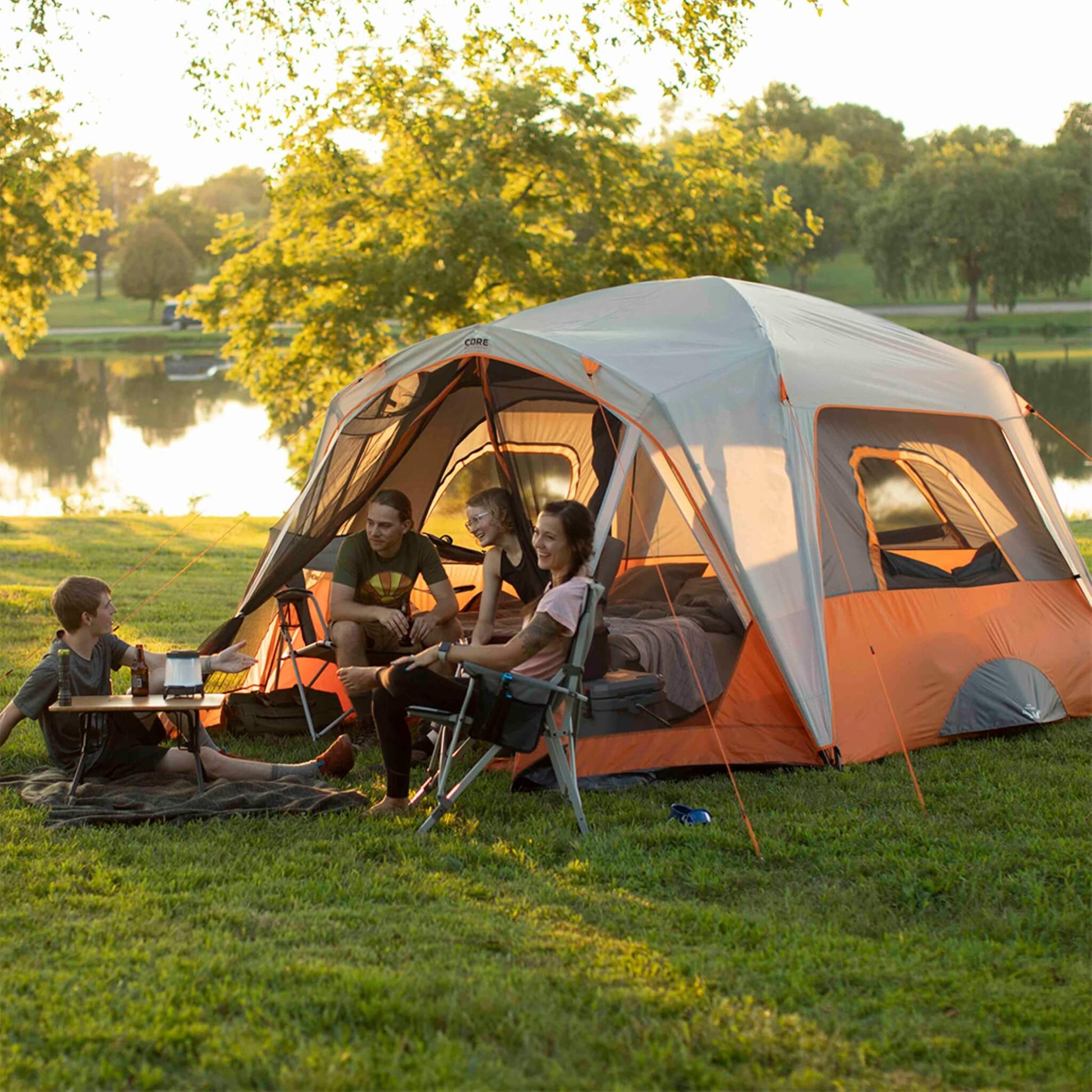 Core 6-Person Straight Wall Cabin Tent with Screen Room Orange