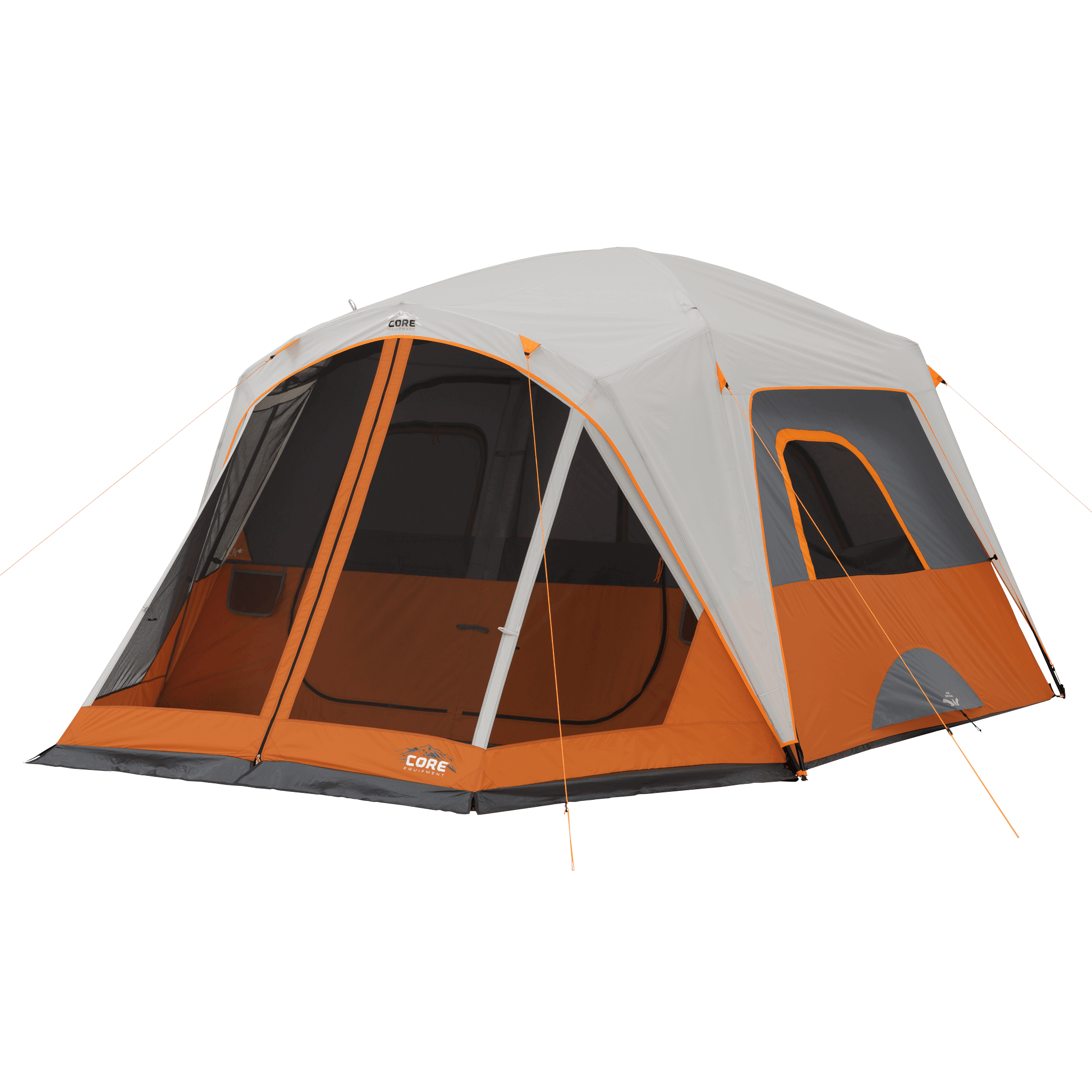 CORE 6 person straight wall cabin tent with screen room in orange and gray.