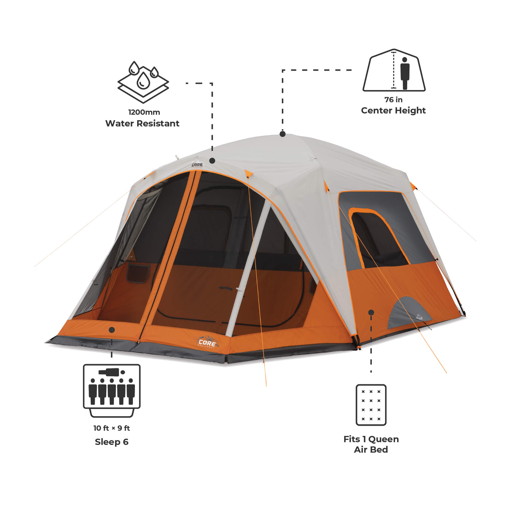 CORE 6 person straight wall cabin tent with screen room with 1200mm water resistance, 76 in height, 10x9 ft sleep 4, fits 1 queen bed.