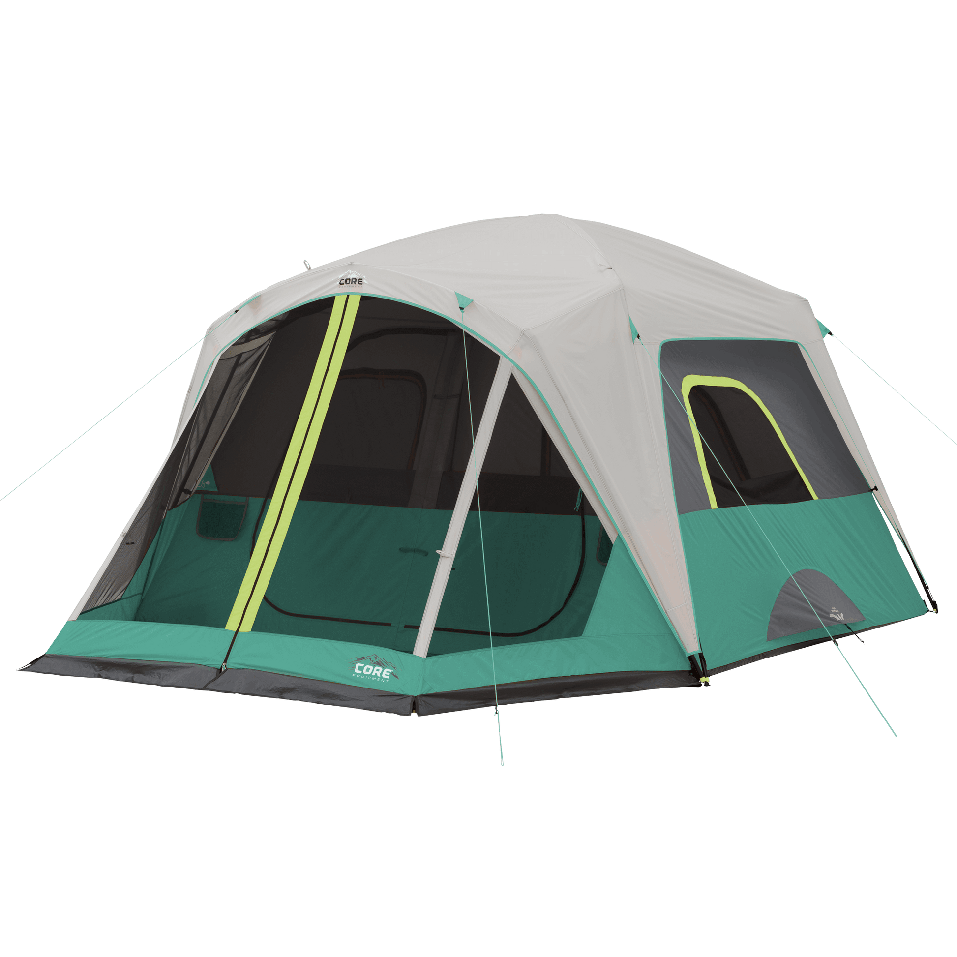 CORE 6 person straight wall cabin tent with screen room in teal and gray shown fully set up with large windows and tall standing-height design.