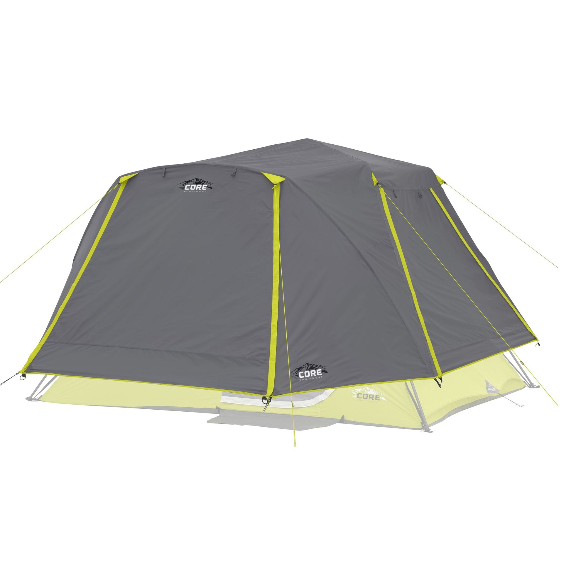 Gray and green tent with CORE branding on a white background