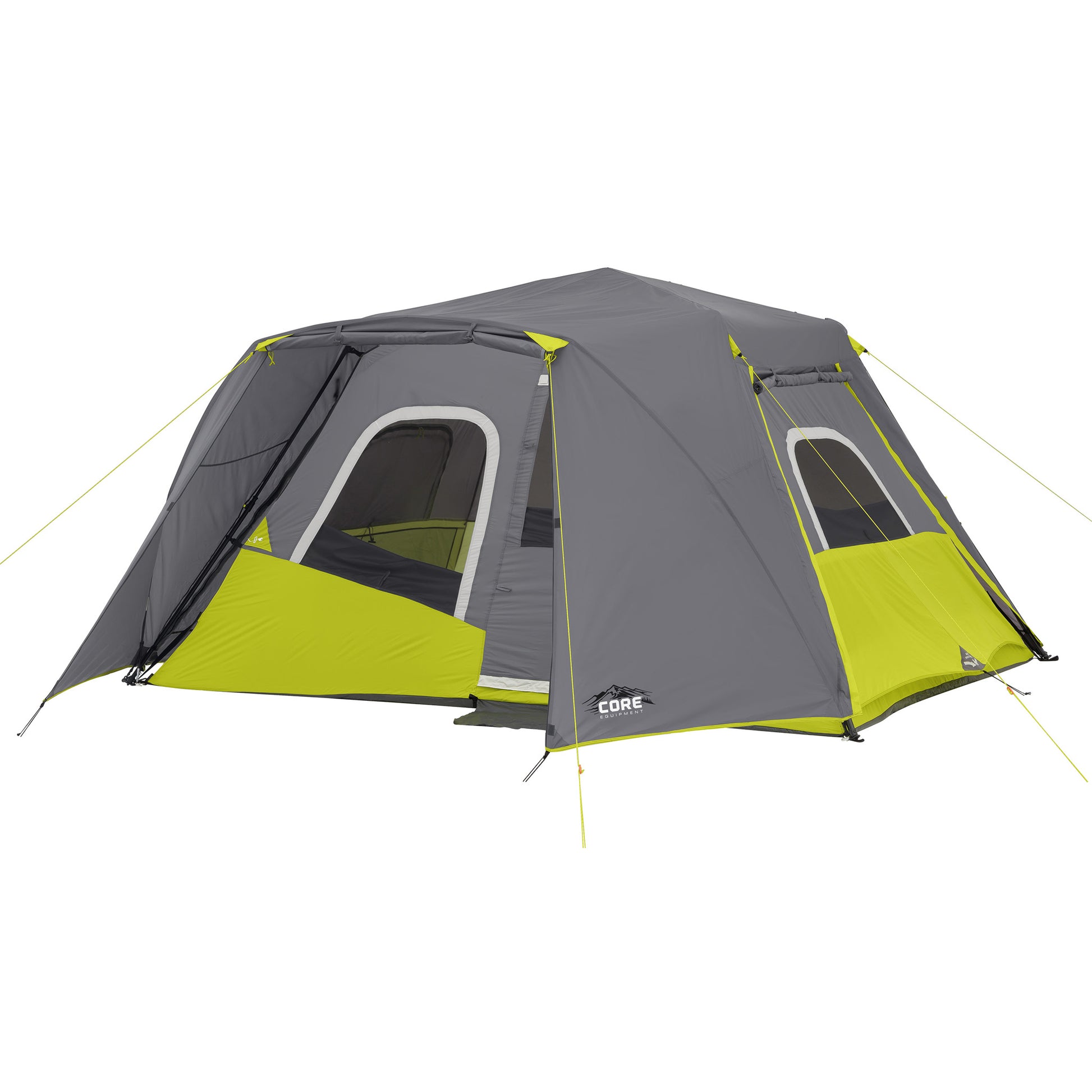 Gray and green tent with CORE branding on a white background