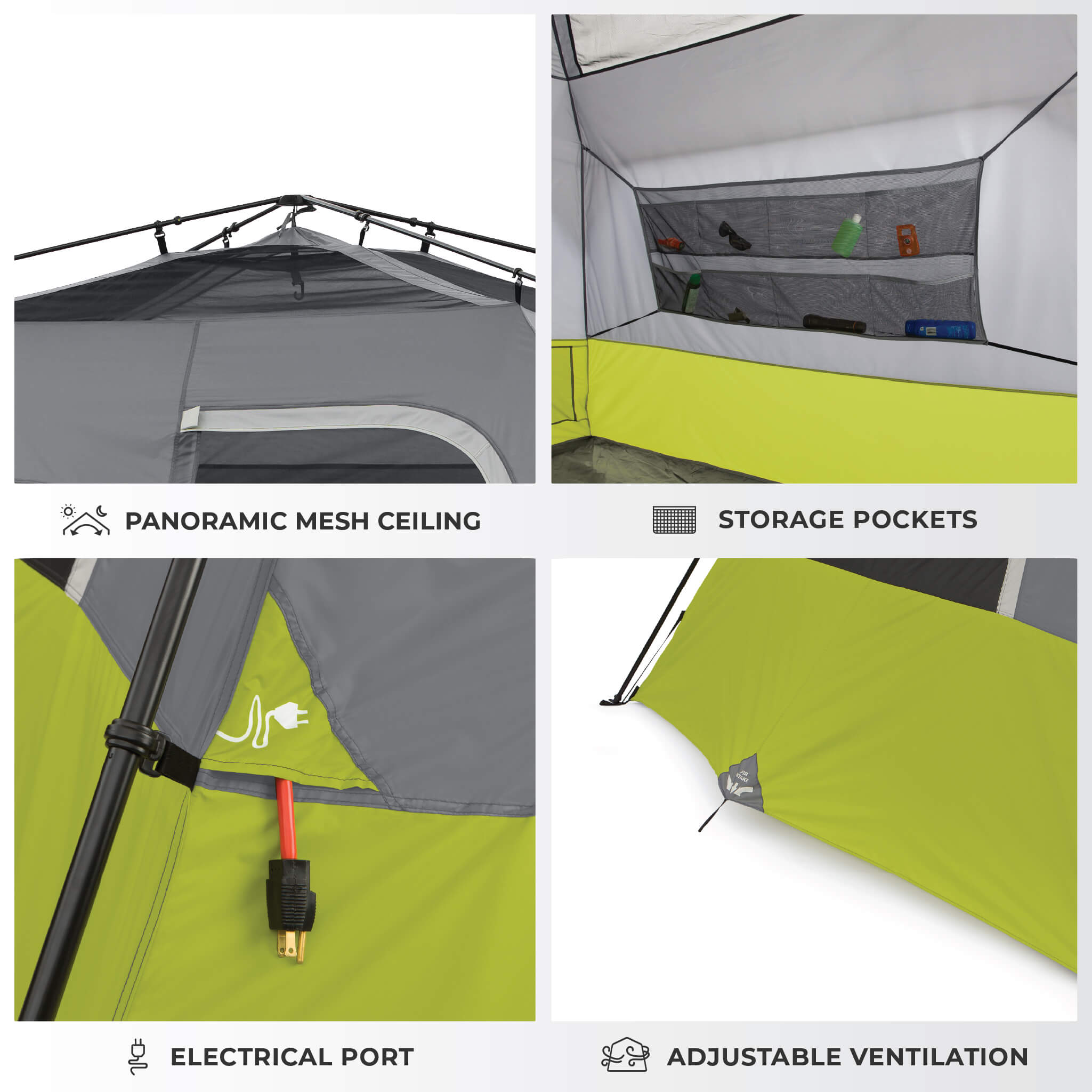 Image shows tent features labeled: Panoramic Mesh Ceiling, Storage Pockets, Electrical Port, and Adjustable Ventilation.