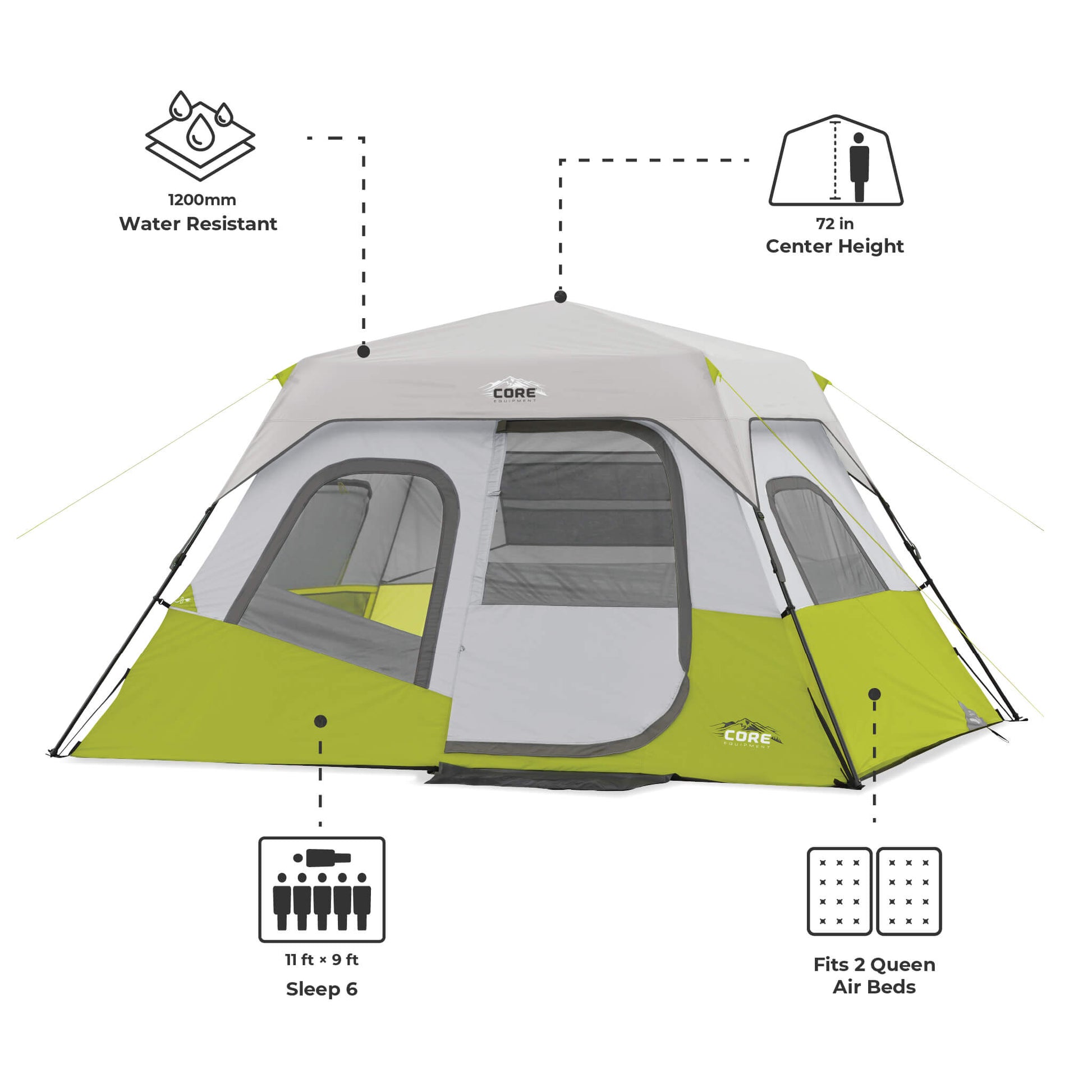 6 person 2 room tent Core Equipment 11' x 9' 6-Person Instant Cabin Tent