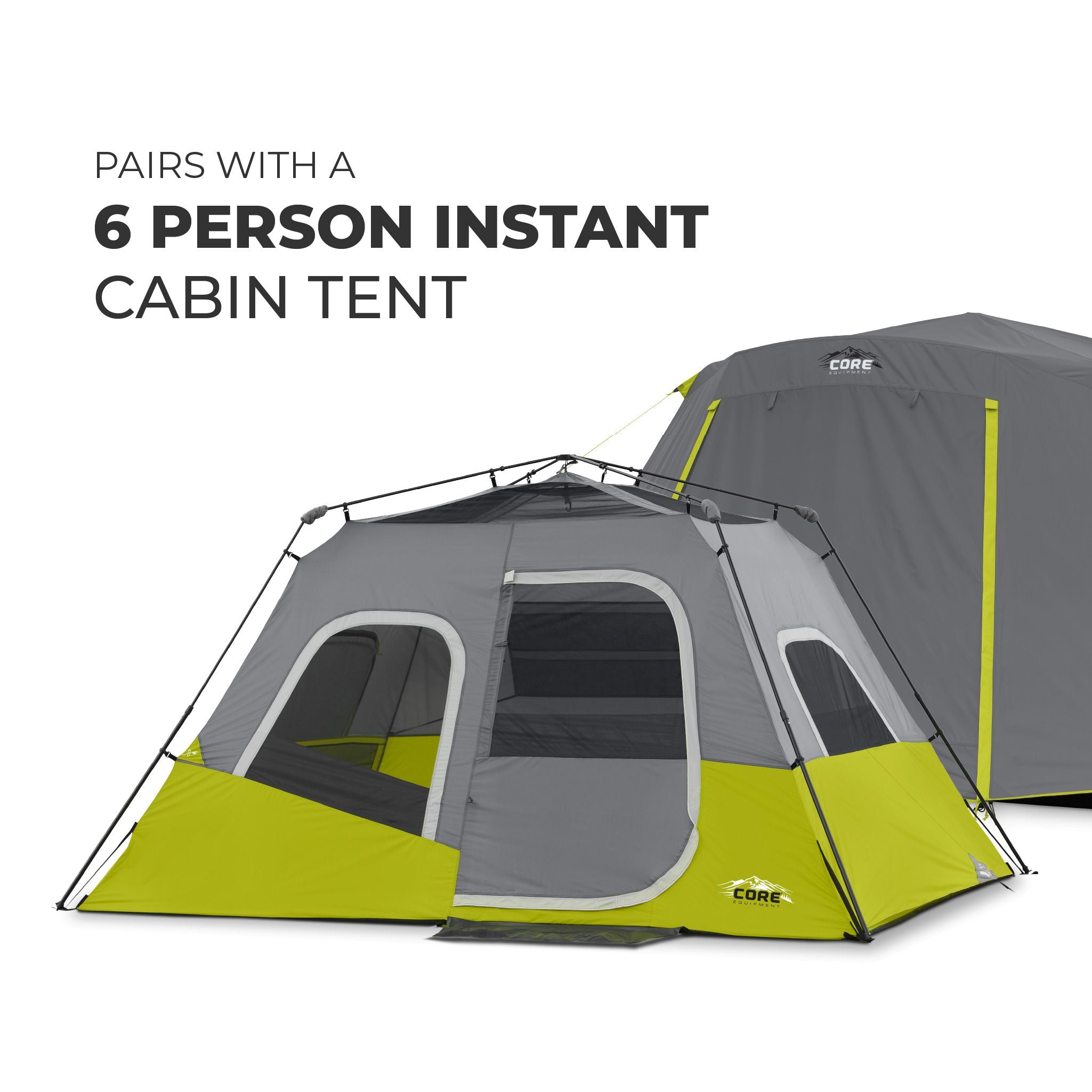 Two camping tents, one gray and green and the other fully extended, on a white background with text about a 6-person instant cabin tent.