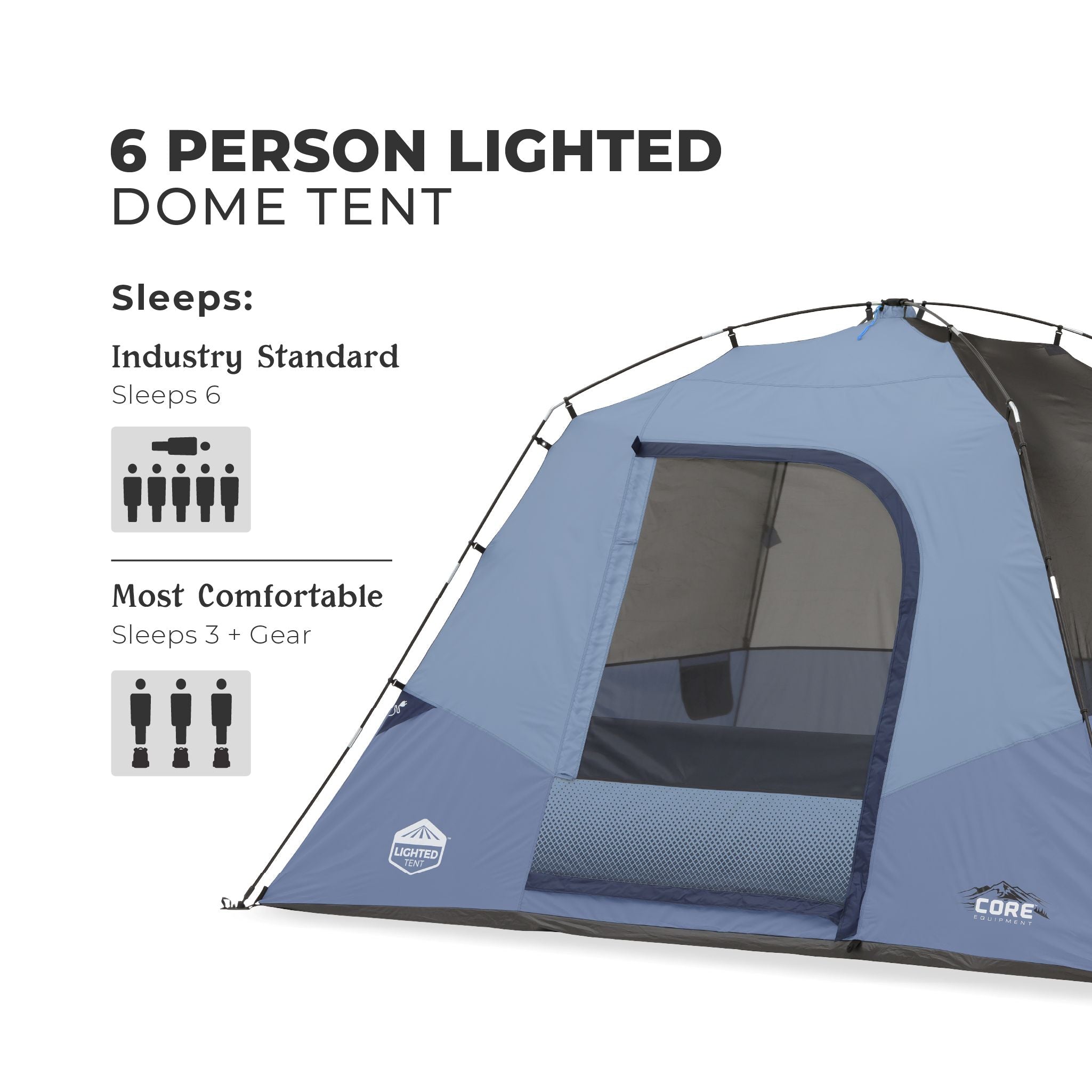Image shows text: 6 Person Lighted Dome Tent, sleeps 6 industry standard or most comfortable for 3 people plus gear.