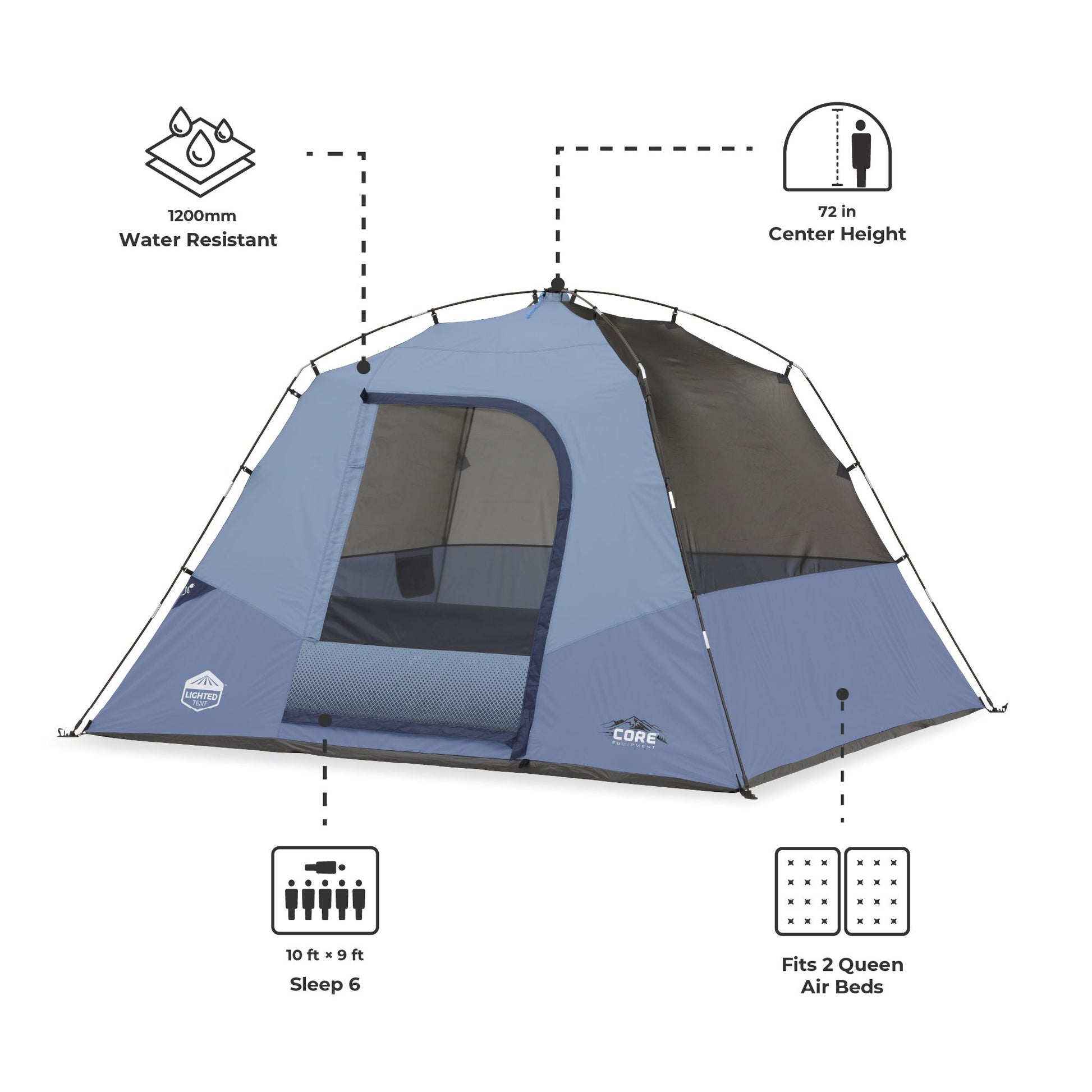 CORE 6 person lighted dome tent dimensions with 10 x 9 ft floor, 72 in center height, and space for 2 queen air beds.