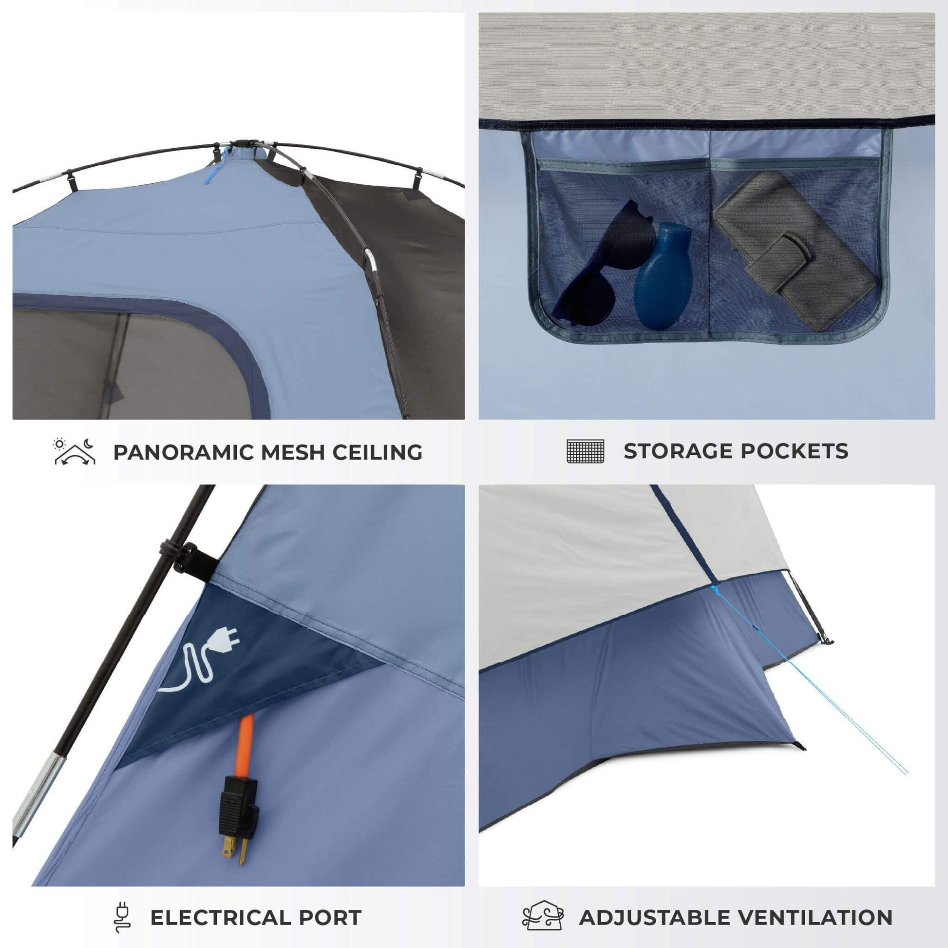 Details of CORE 6 person dome tent with panoramic mesh ceiling, storage pockets, electrical port and adjustable ventilation.