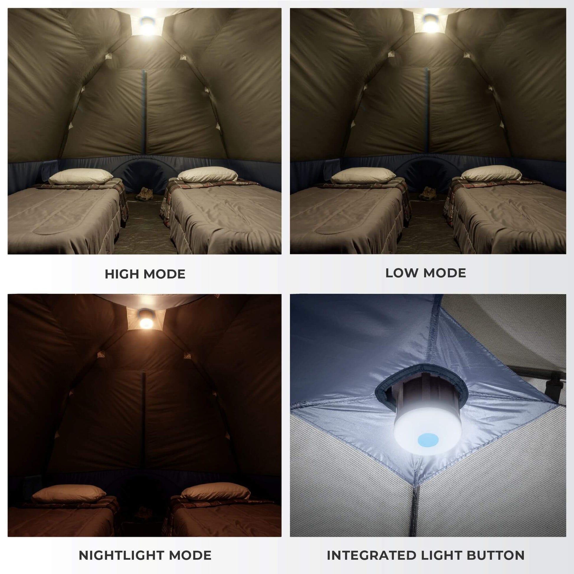 Four images showing the lighting modes inside a CORE tent and its integrated wall switch. Top left: “High Mode” shows a bright interior with two beds fully illuminated. Top right: “Low Mode” shows a dimmer light level inside the same tent. Bottom left: “Nightlight Mode” gives off a soft amber glow for ambient lighting. Bottom right: close-up of the “Integrated Light Button”.