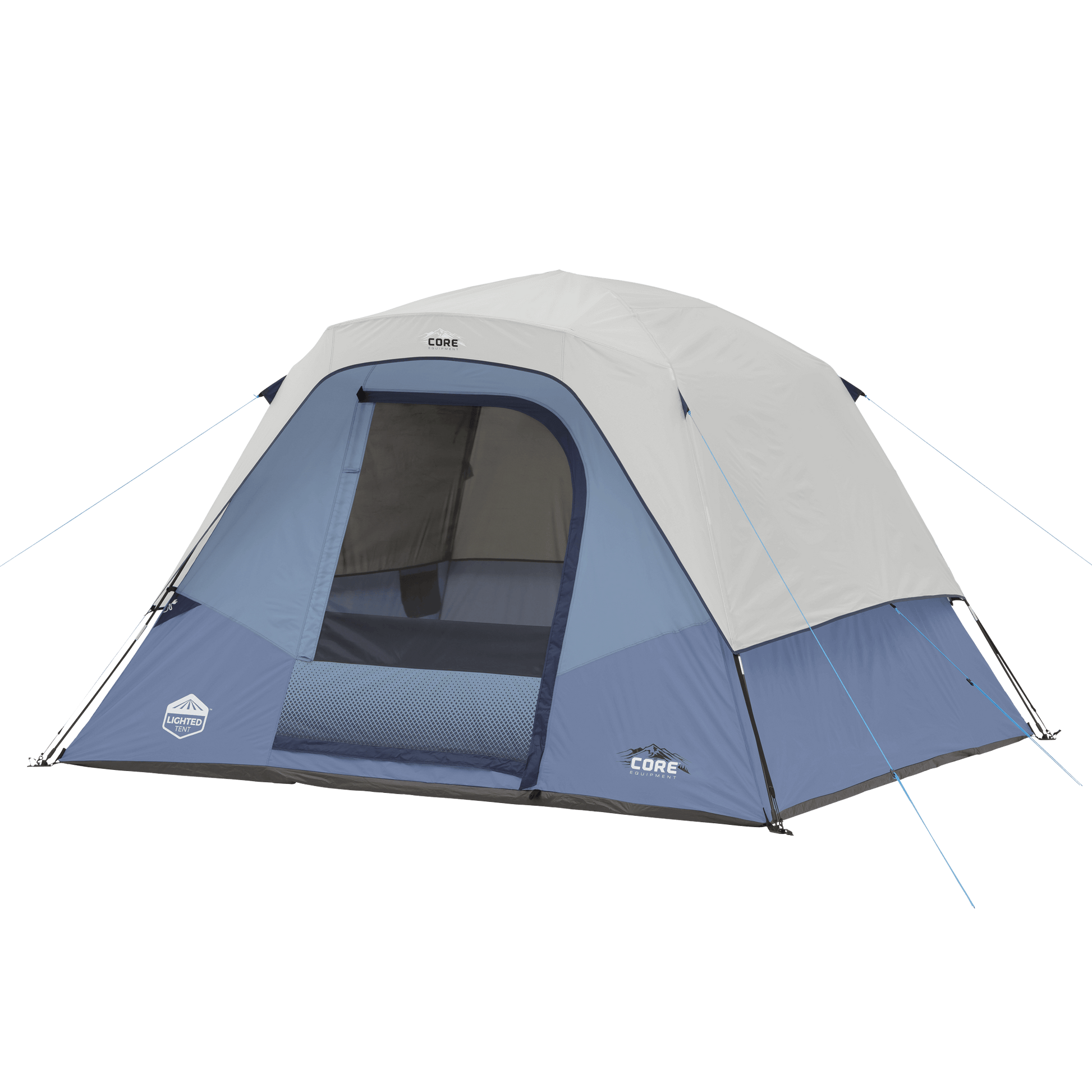 CORE 6 person lighted dome tent in blue, shown with mesh door and weather protection.