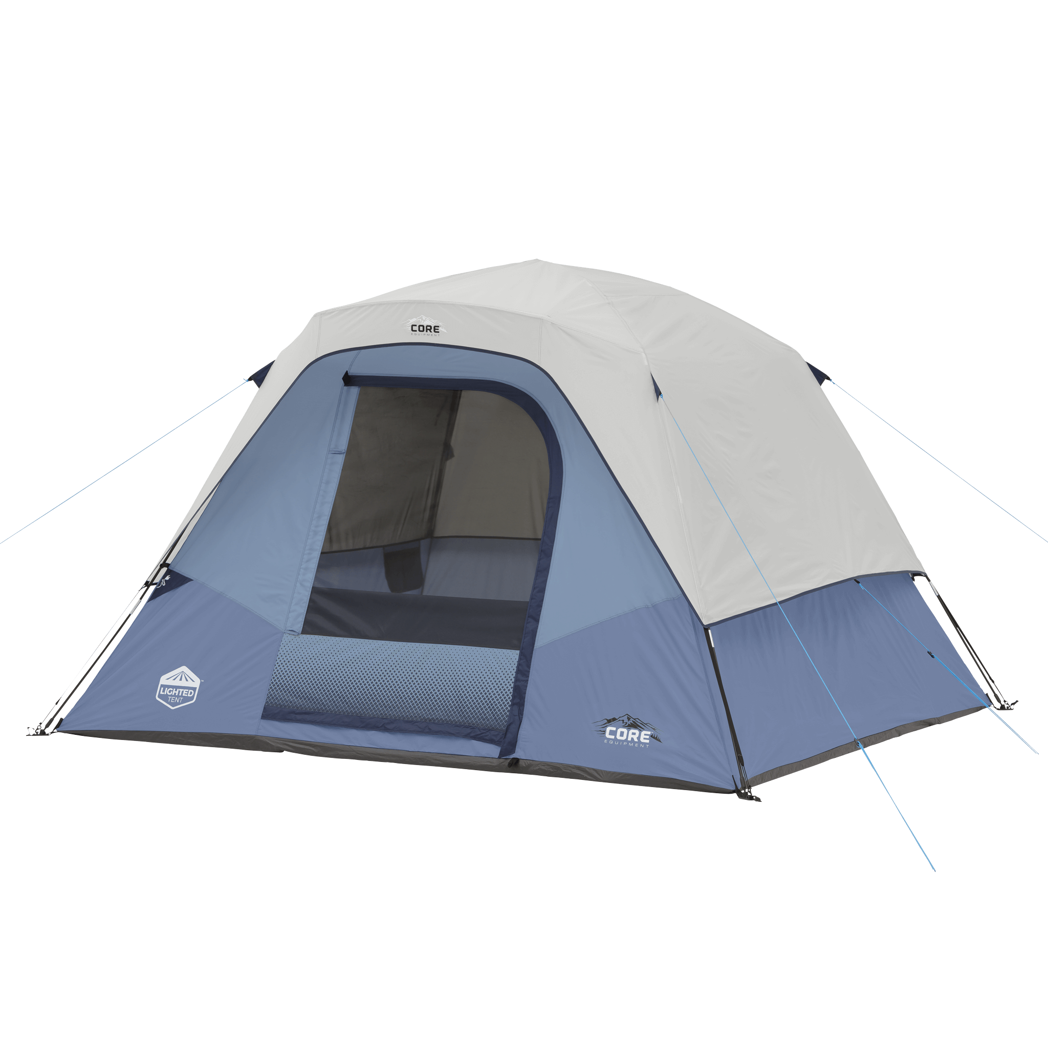 CORE 6 person lighted dome tent in blue, shown with mesh door and weather protection.