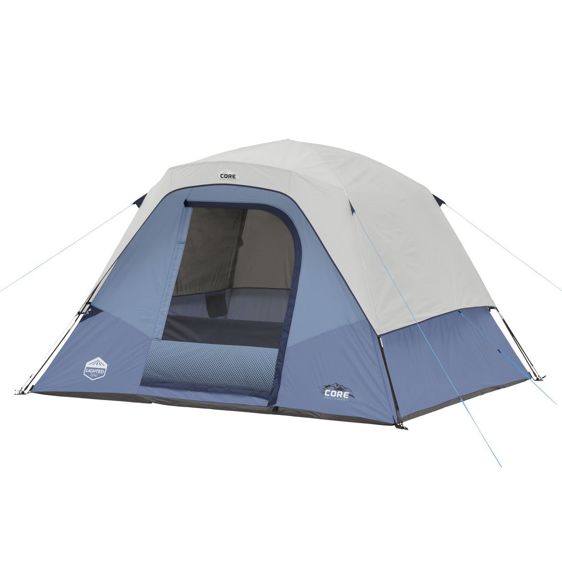 Blue CORE 6 person lighted dome tent with on a white background.