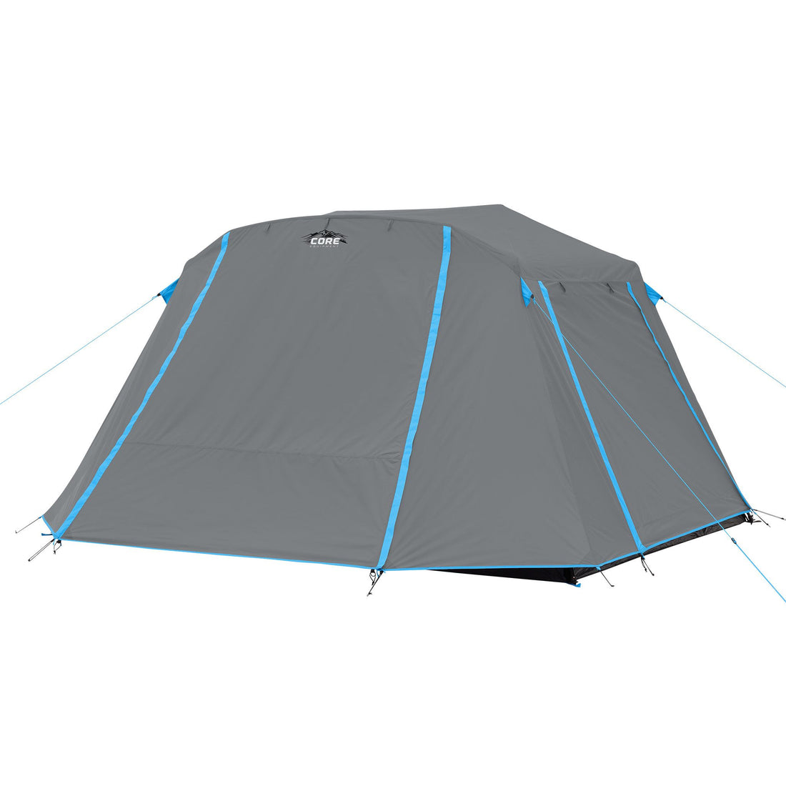 Gray CORE 6 person lighted with full rainfly instant cabin camping tent with blue accents on a white background.
