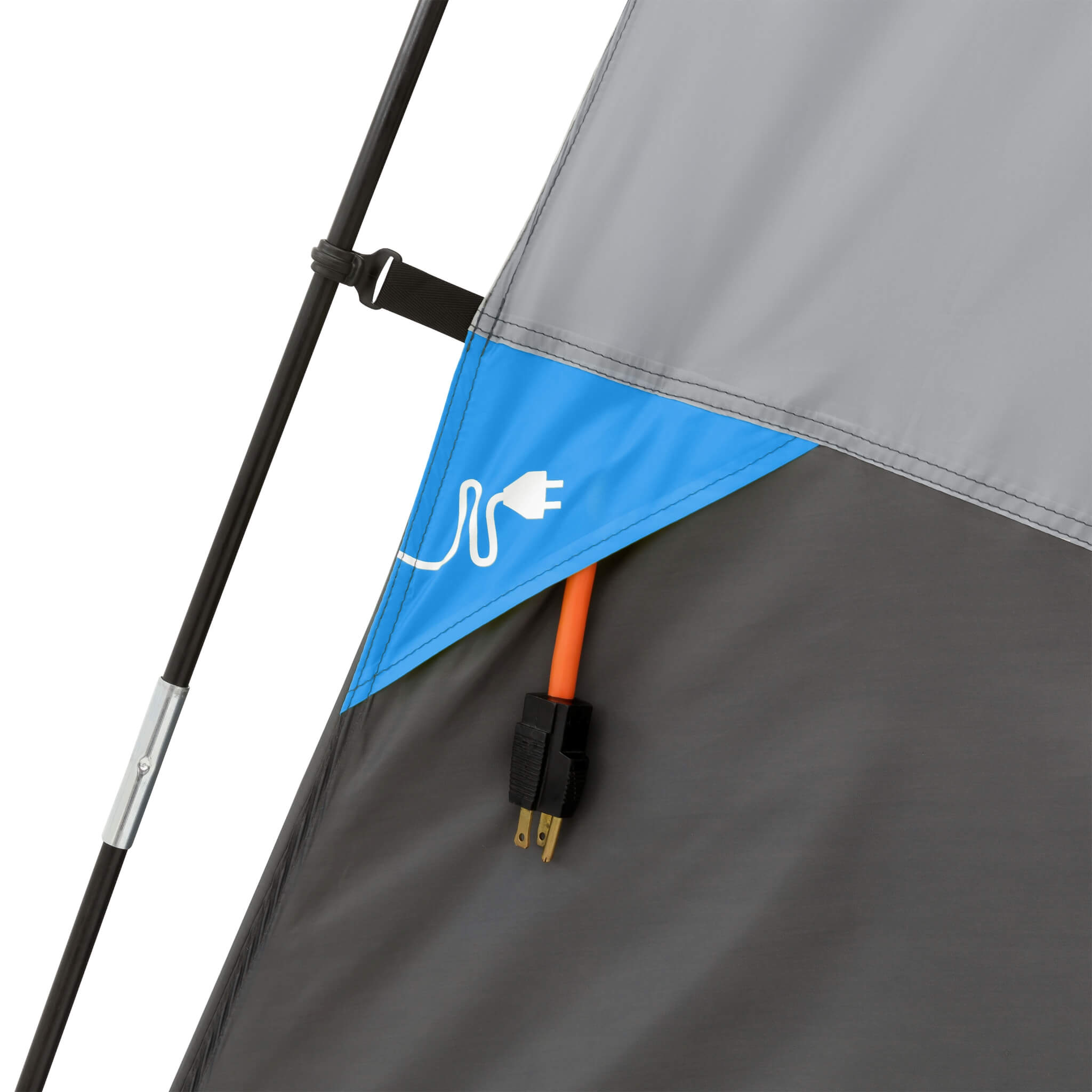 Close-up of CORE 6 person lighted dome tent in gray with blue accents, electrical cord access port, shown with reinforced flap for outdoor power connection.