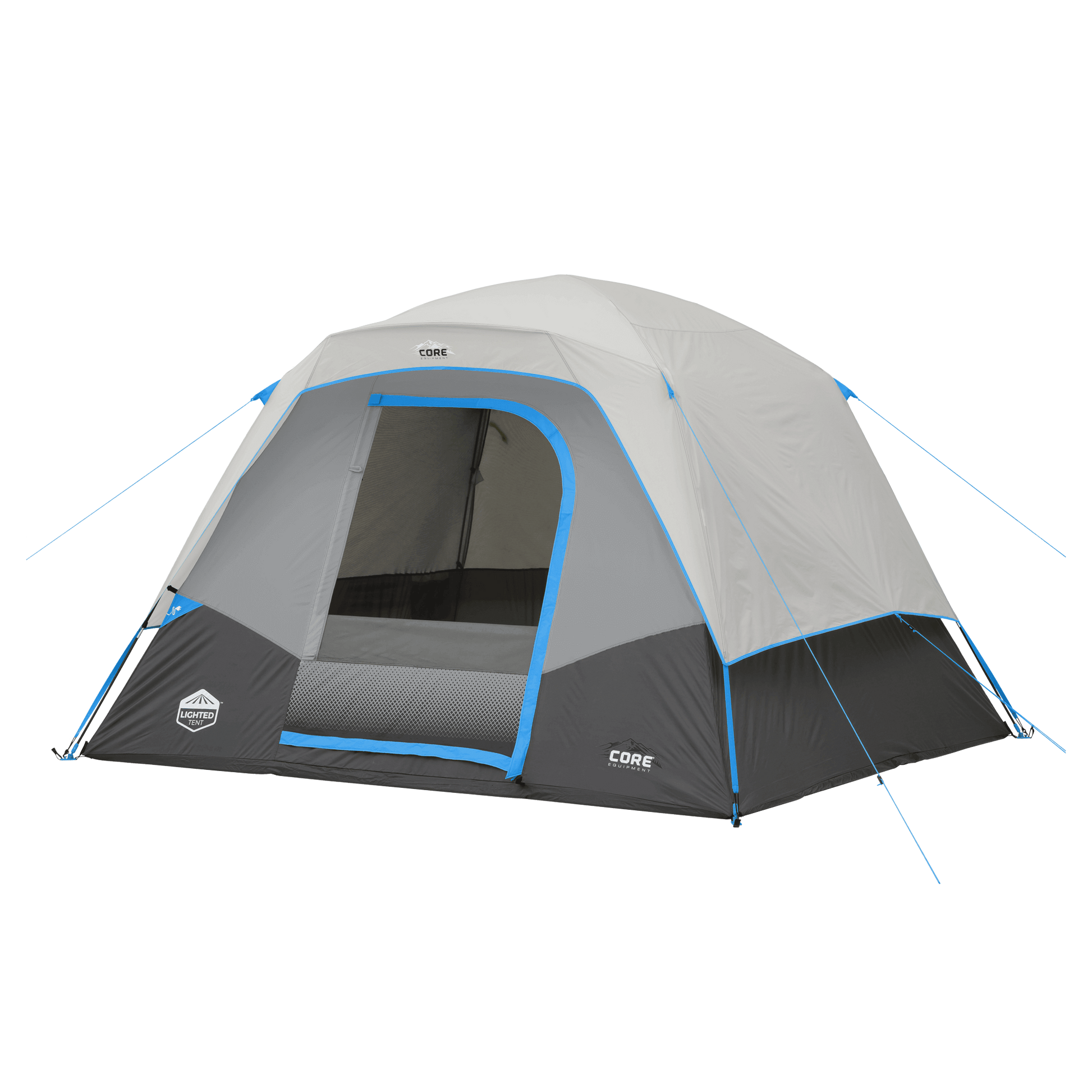 CORE 6 person lighted dome tent in gray with blue accents, shown with mesh door and weather protection.