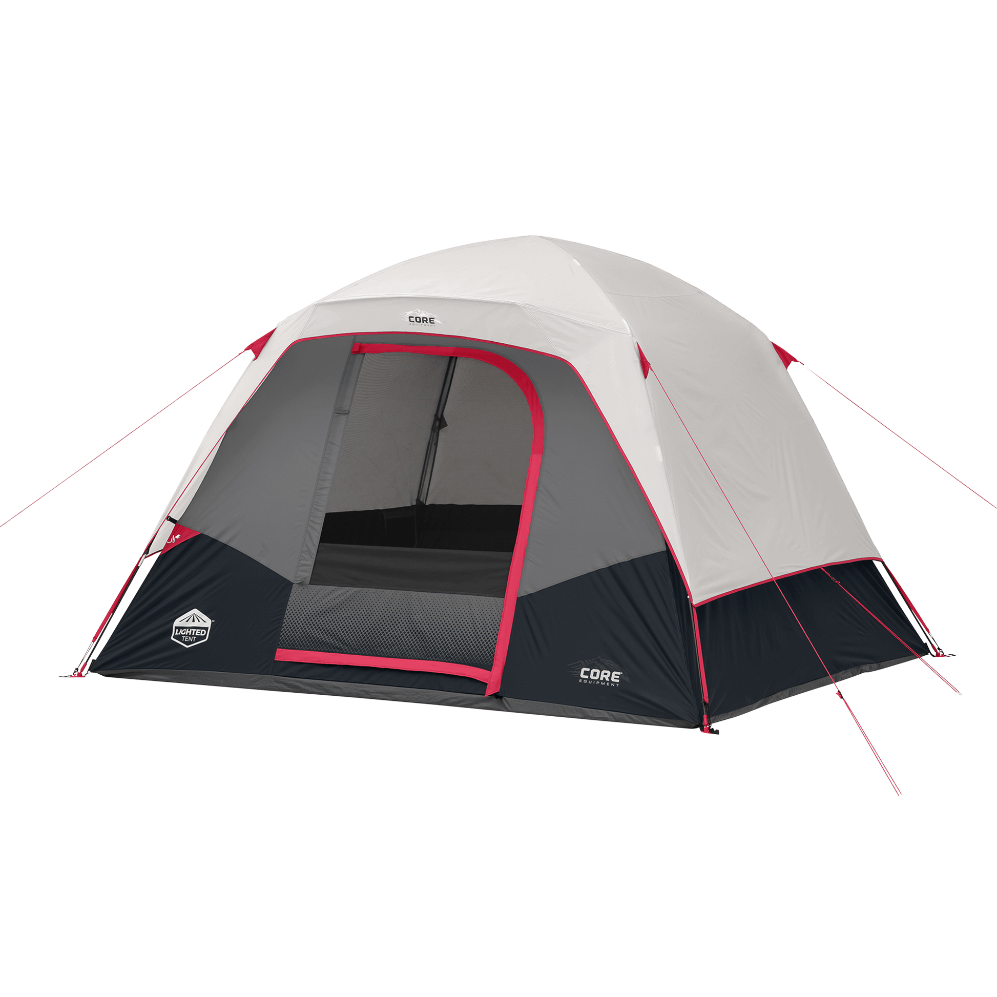 CORE 6 person lighted dome tent in gray with red accents, shown with mesh door and weather protection.