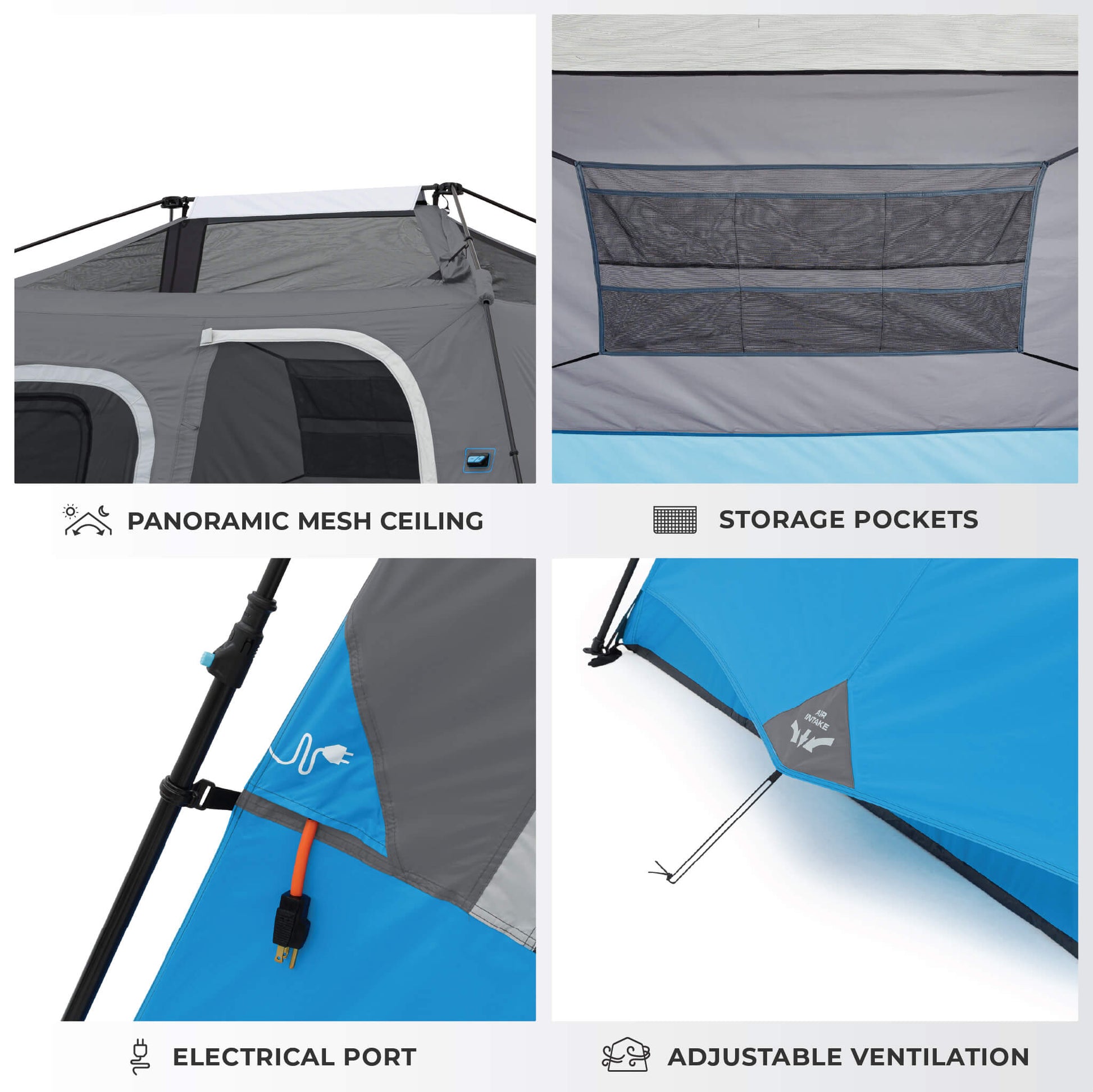 Image shows tent features labeled: Panoramic Mesh Ceiling, Storage Pockets, Electrical Port, and Adjustable Ventilation.