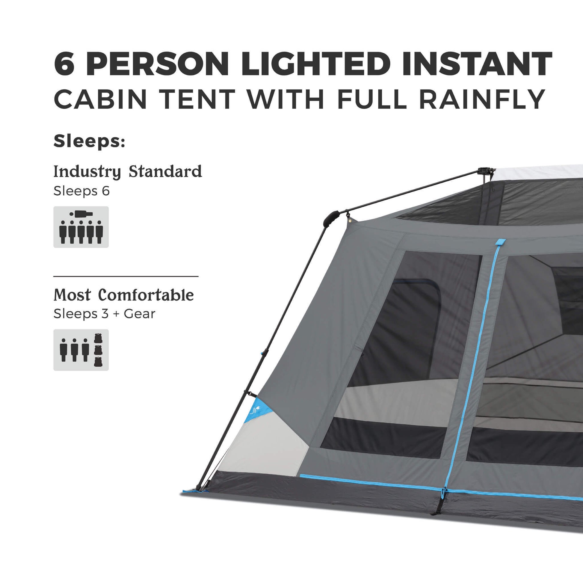 Image shows text: 6 Person Lighted Instant Cabin Tent, sleeps 6 industry standard or most comfortable for 3 people plus gear.