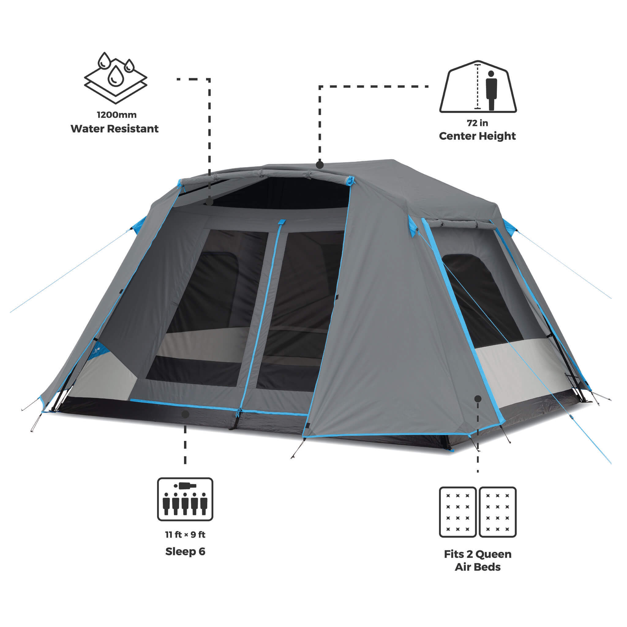 CORE 6 person lighted instant cabin tent with on-image text highlighting 1200mm water resistance, 72-inch center height, sleeps 6 capacity, and fits 2 queen air beds. 