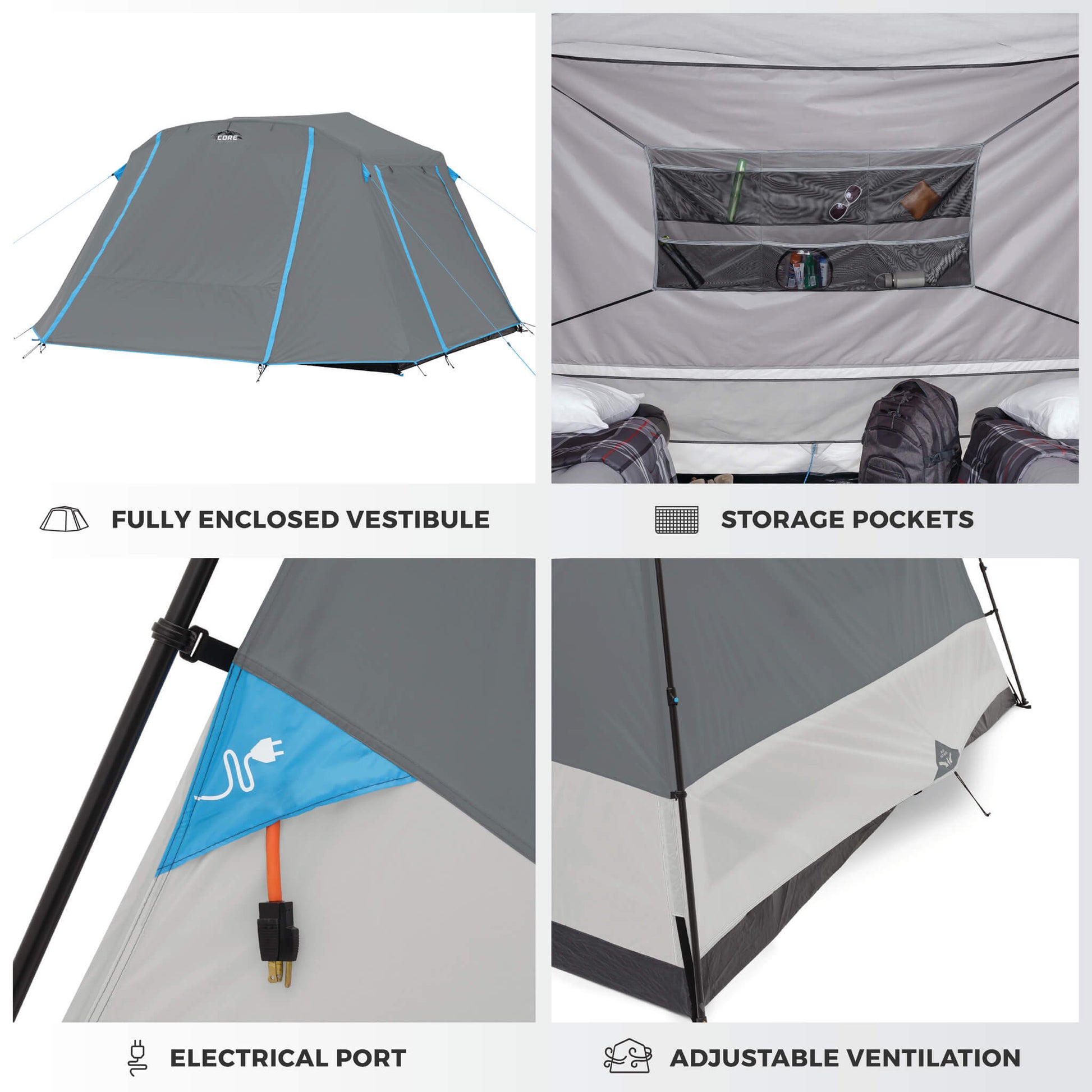 Image shows tent features labeled: Fully Enclosed Vestibule, Storage Pockets, Electrical Port, and Adjustable Ventilation.