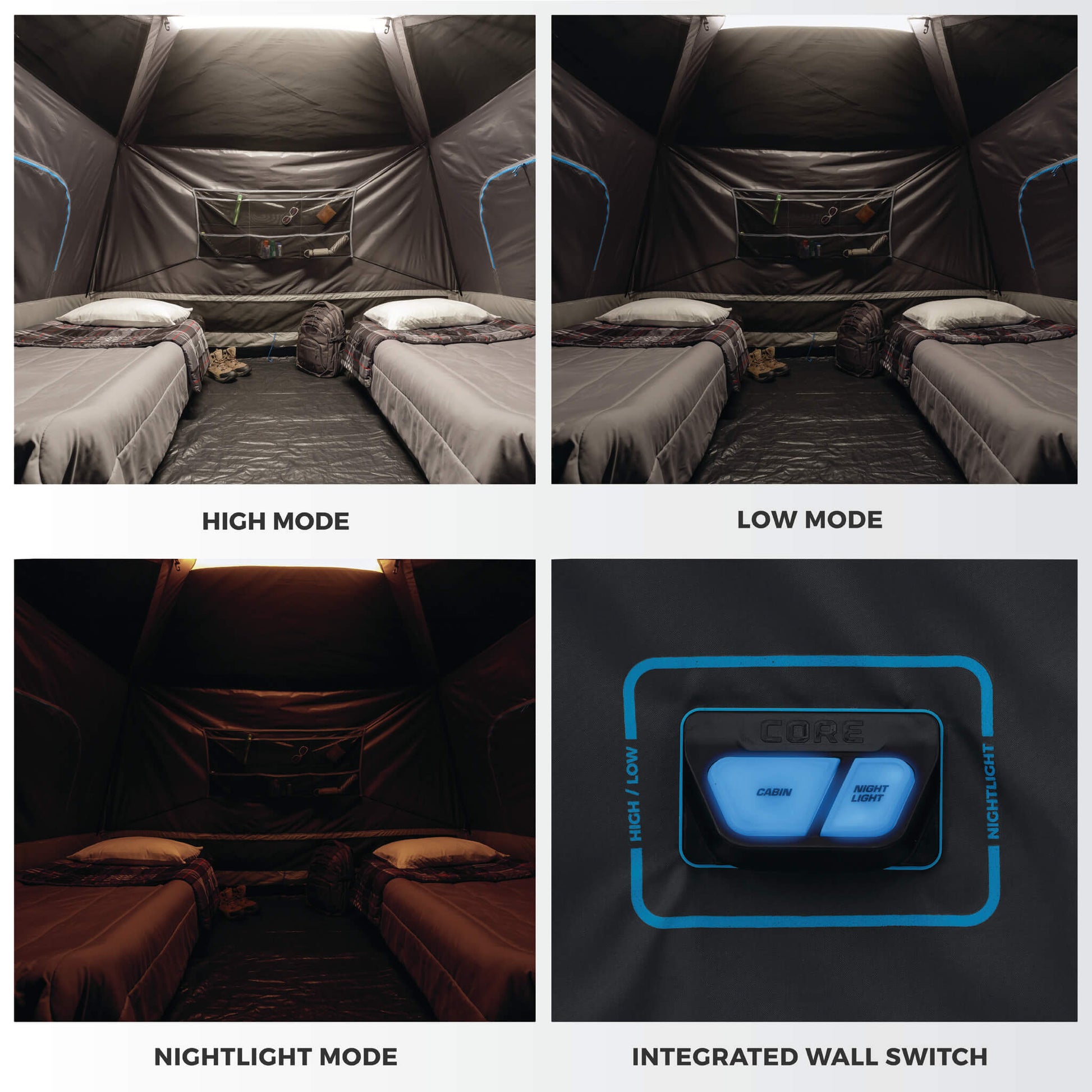 Four images showing the lighting modes inside a CORE tent and its integrated wall switch. Top left: “High Mode” shows a bright interior with two beds fully illuminated. Top right: “Low Mode” shows a dimmer light level inside the same tent. Bottom left: “Nightlight Mode” gives off a soft amber glow for ambient lighting. Bottom right: close-up of the “Integrated Wall Switch” featuring illuminated buttons.