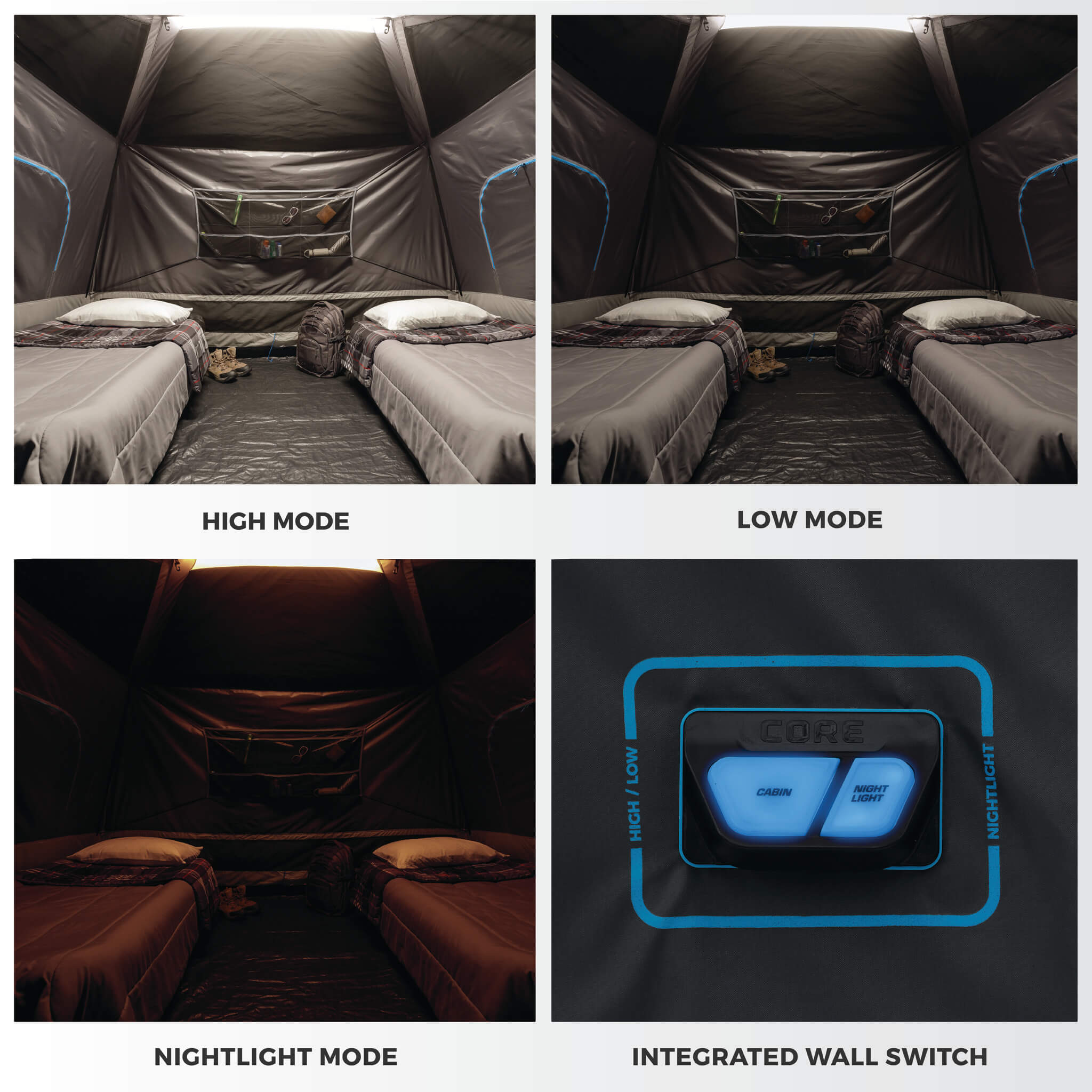 Four images showing the lighting modes inside a CORE tent and its integrated wall switch. Top left: “High Mode” shows a bright interior with two beds fully illuminated. Top right: “Low Mode” shows a dimmer light level inside the same tent. Bottom left: “Nightlight Mode” gives off a soft amber glow for ambient lighting. Bottom right: close-up of the “Integrated Wall Switch” featuring illuminated buttons.