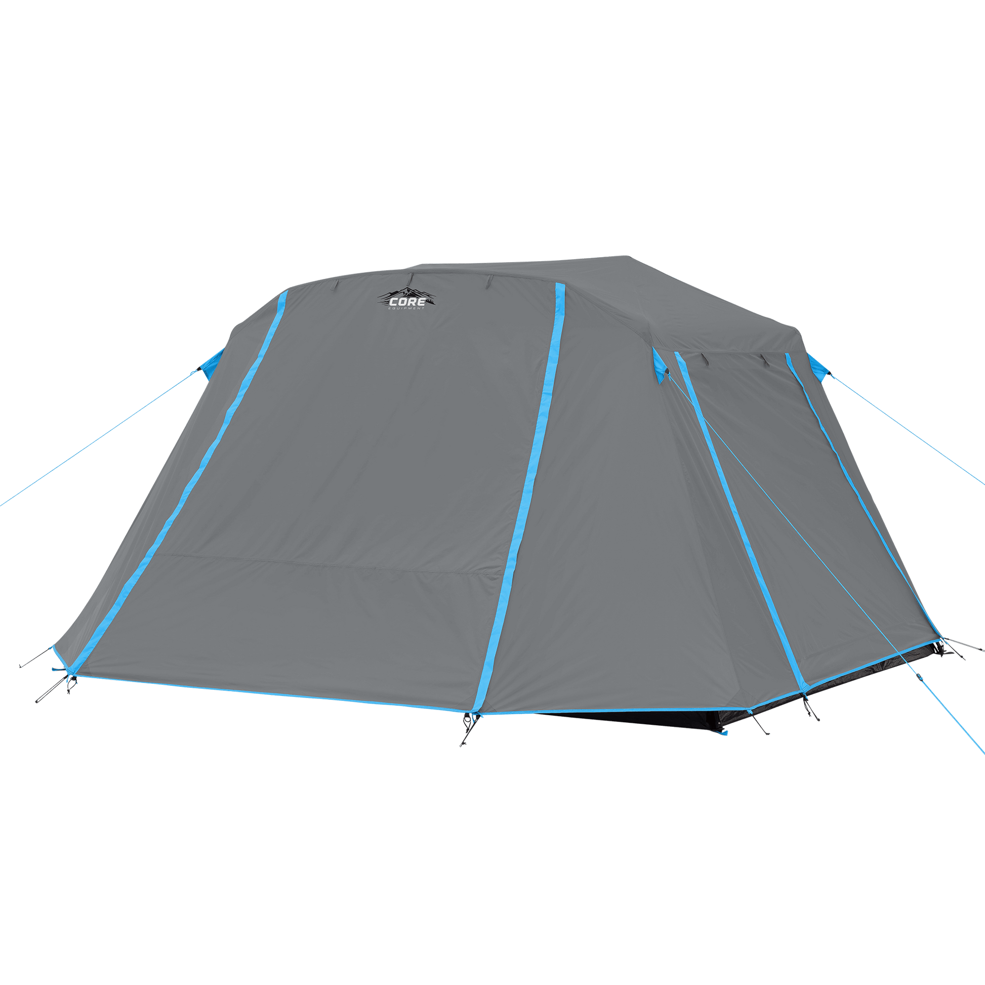 CORE 6 person lighted instant cabin tent with full rainfly in blue and gray, featuring pre-attached poles for a quick 60-second setup and spacious interior.