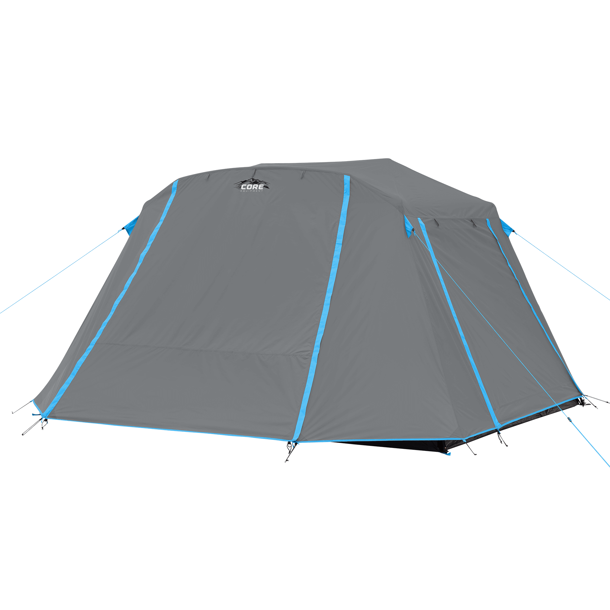 CORE 6 person lighted instant cabin tent with full rainfly in blue and gray, featuring pre-attached poles for a quick 60-second setup and spacious interior.