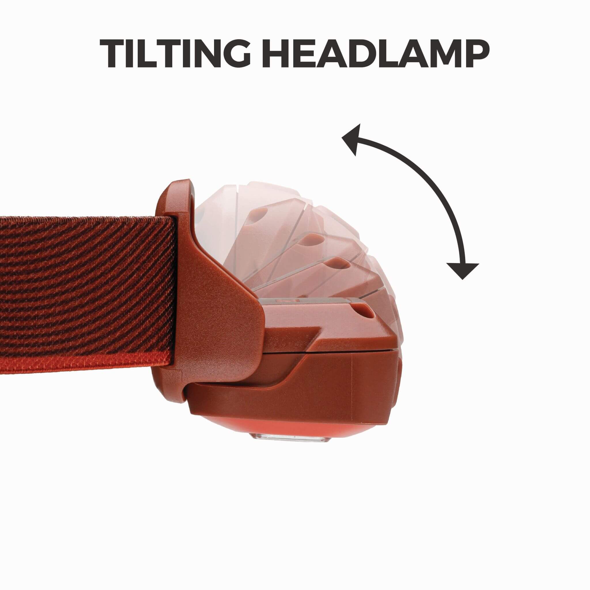 CORE rechargeable headlamp shown tilting up and down, with on-image text reading ‘Tilting Headlamp’ and arrows indicating adjustable beam angle.