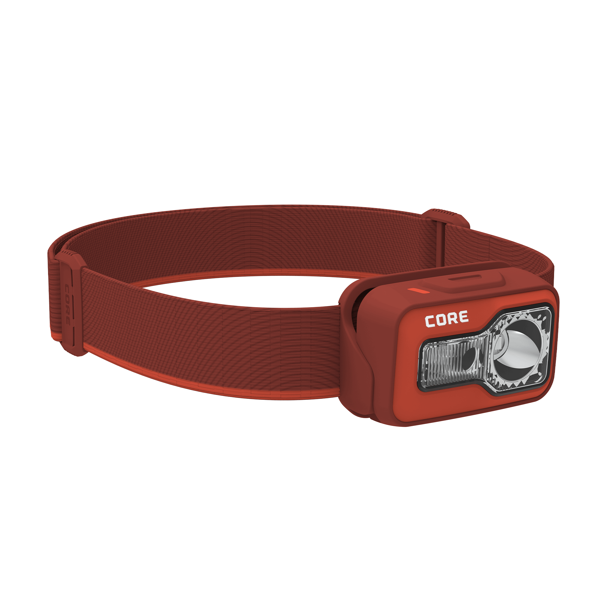 CORE 600 lumen rechargeable headlamp in red, featuring an adjustable elastic strap, multiple light modes, and a USB-C charging port.