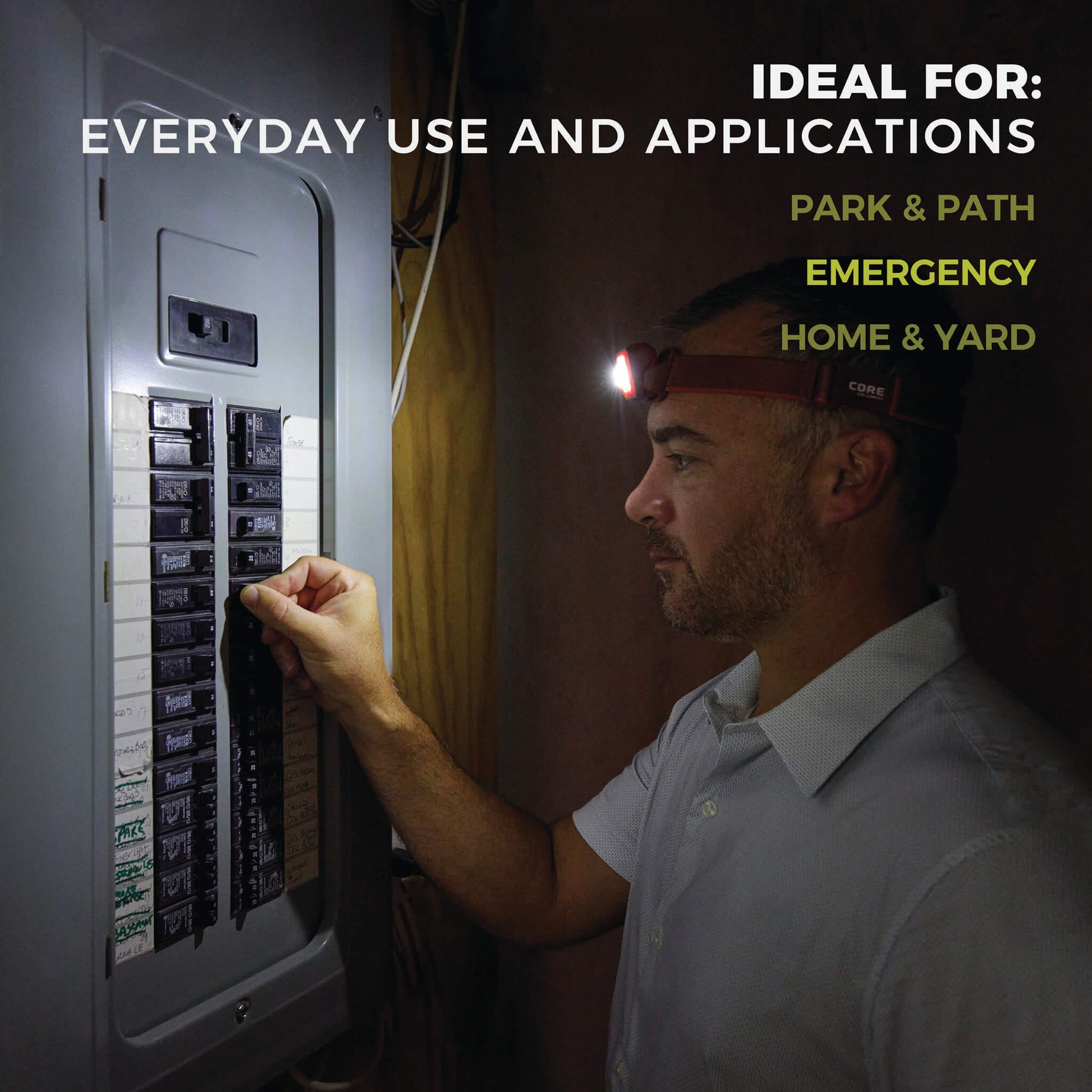 Image shows text: Ideal For Everyday Use, Park & Path, Emergency, Home & Yard, with man using the CORE 600 Lumen Headlamp indoors.
