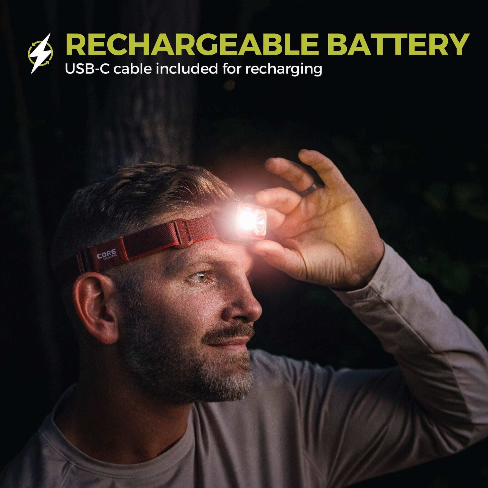 Image shows text: Rechargeable Battery with USB-C cable included, shown with a man adjusting the CORE 600 Lumen Headlamp.