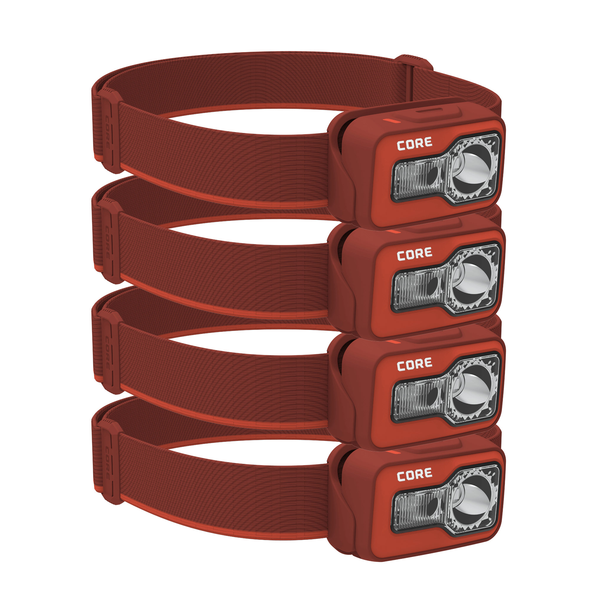 Four CORE 600 lumen rechargeable headlamps in red, featuring an adjustable elastic strap, multiple light modes, and a USB-C charging port.