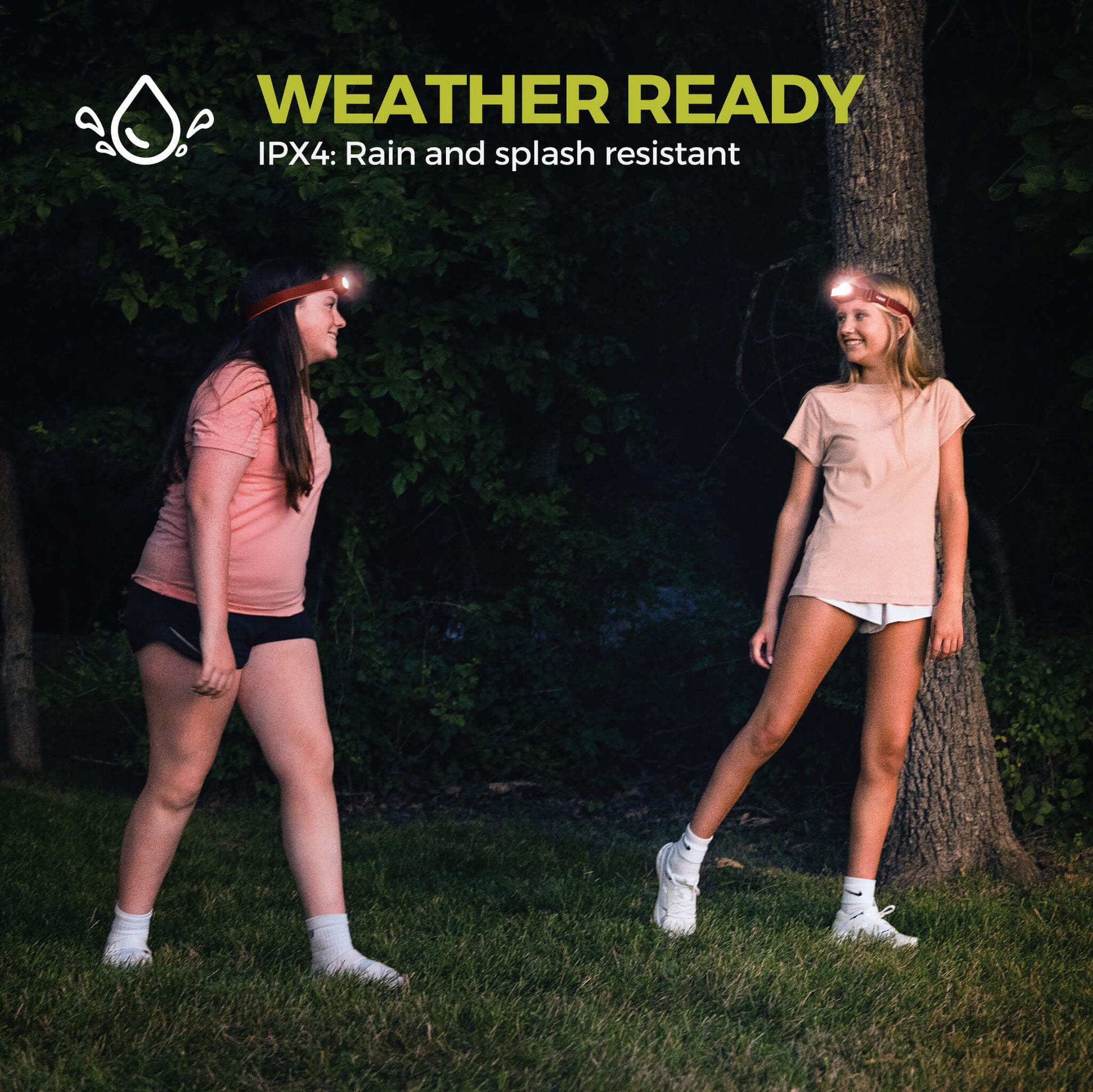 Image shows text: Weather Ready, IPX4 rain and splash resistant, with two people using the CORE 600 Lumen Headlamp outdoors at night.
