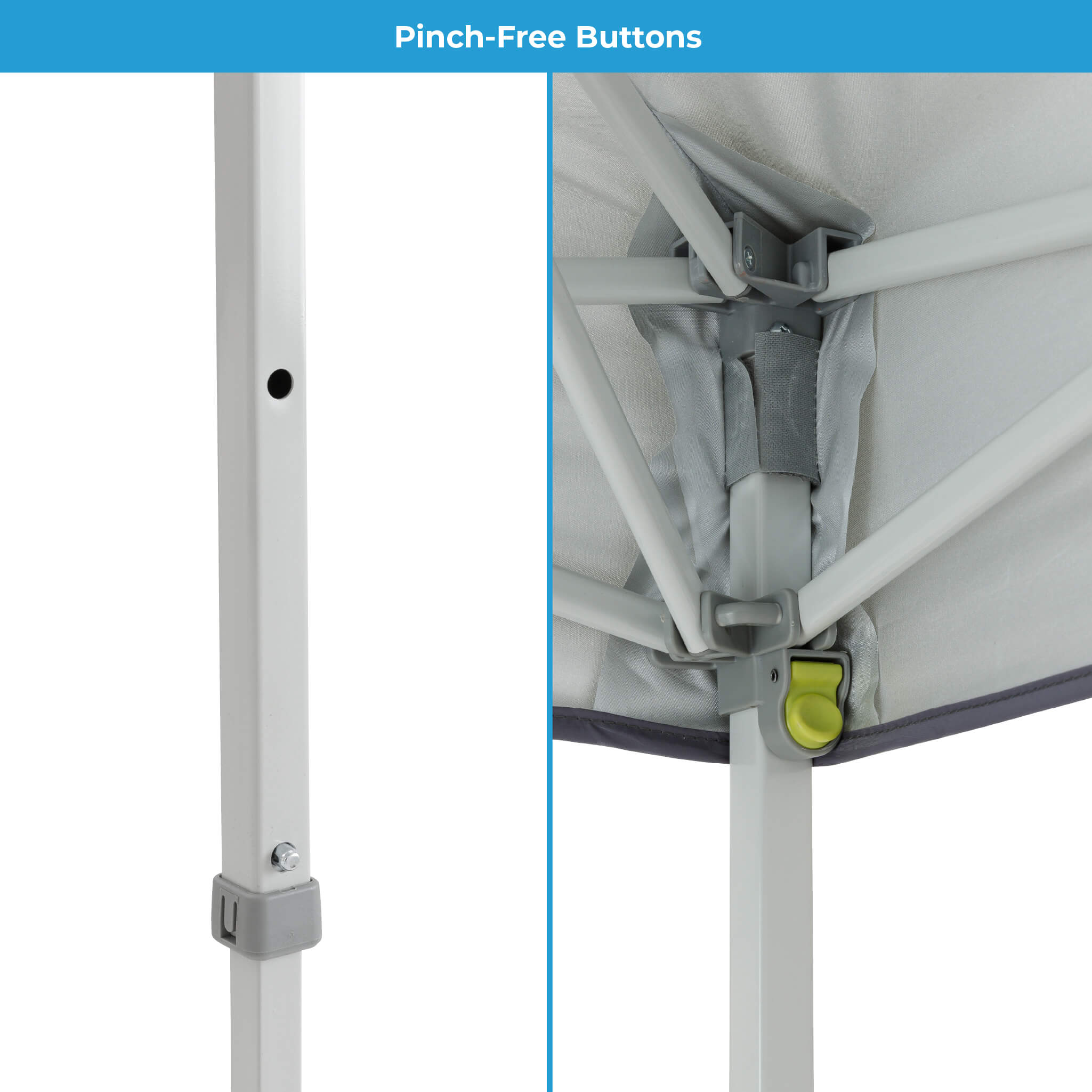 CORE 6x4 instant canopy frame detail with pinch-free buttons and steel construction for safe, easy setup and secure stability.