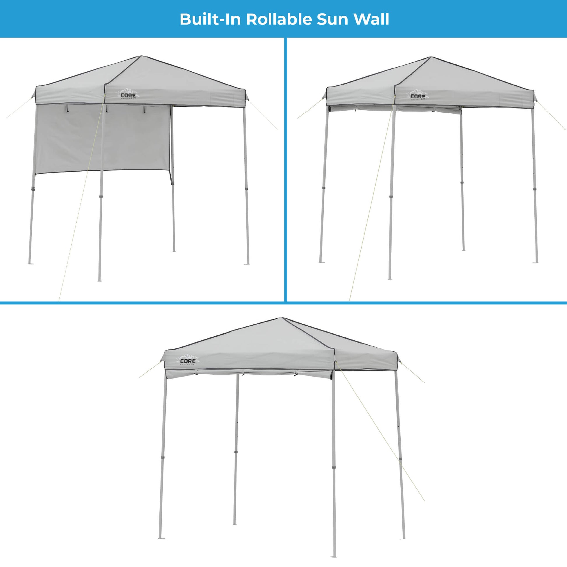 CORE 6x4 instant canopy in gray shown with built-in rollable sun wall, displayed in up, down, and half-position configurations.