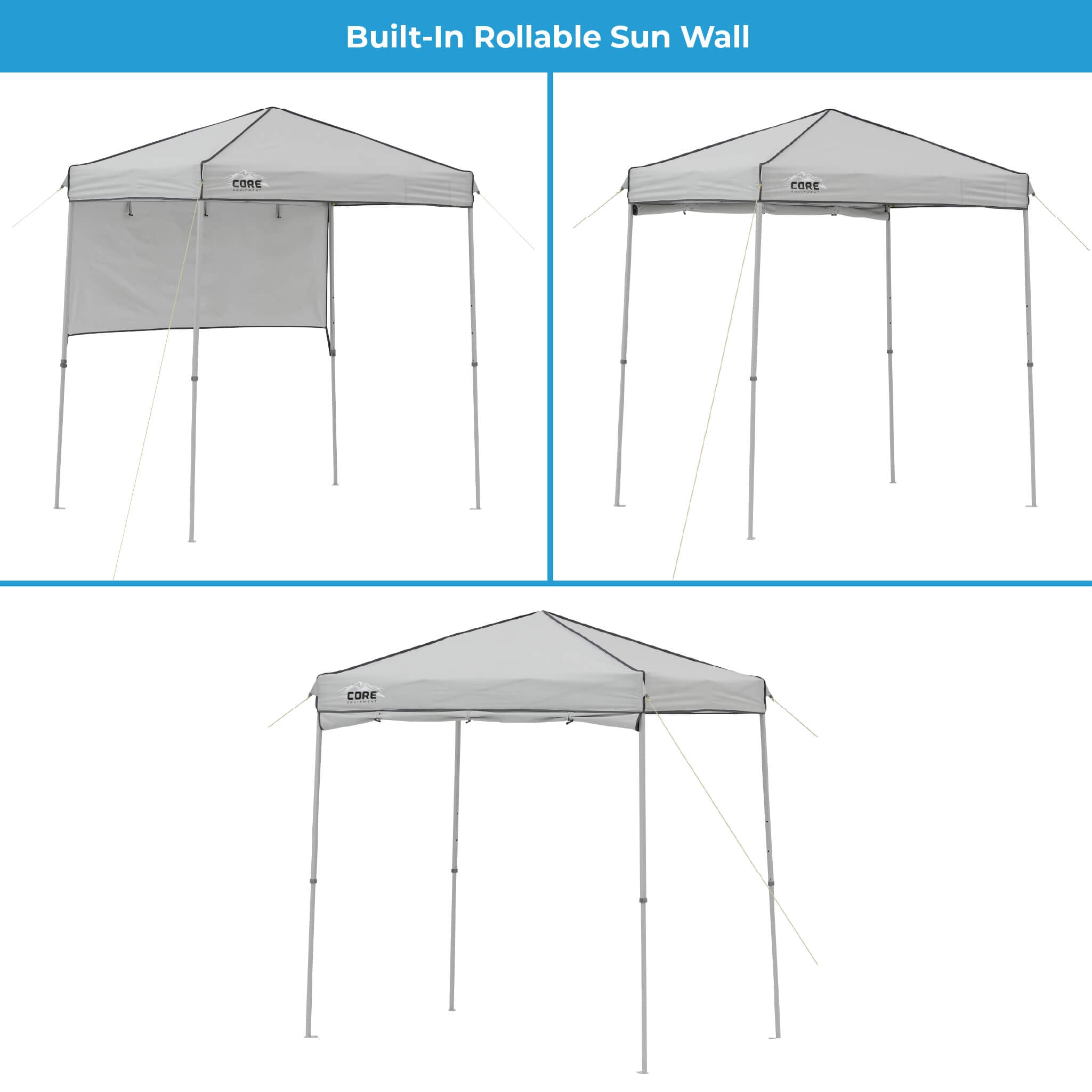 CORE 6x4 instant canopy in gray shown with built-in rollable sun wall, displayed in up, down, and half-position configurations.