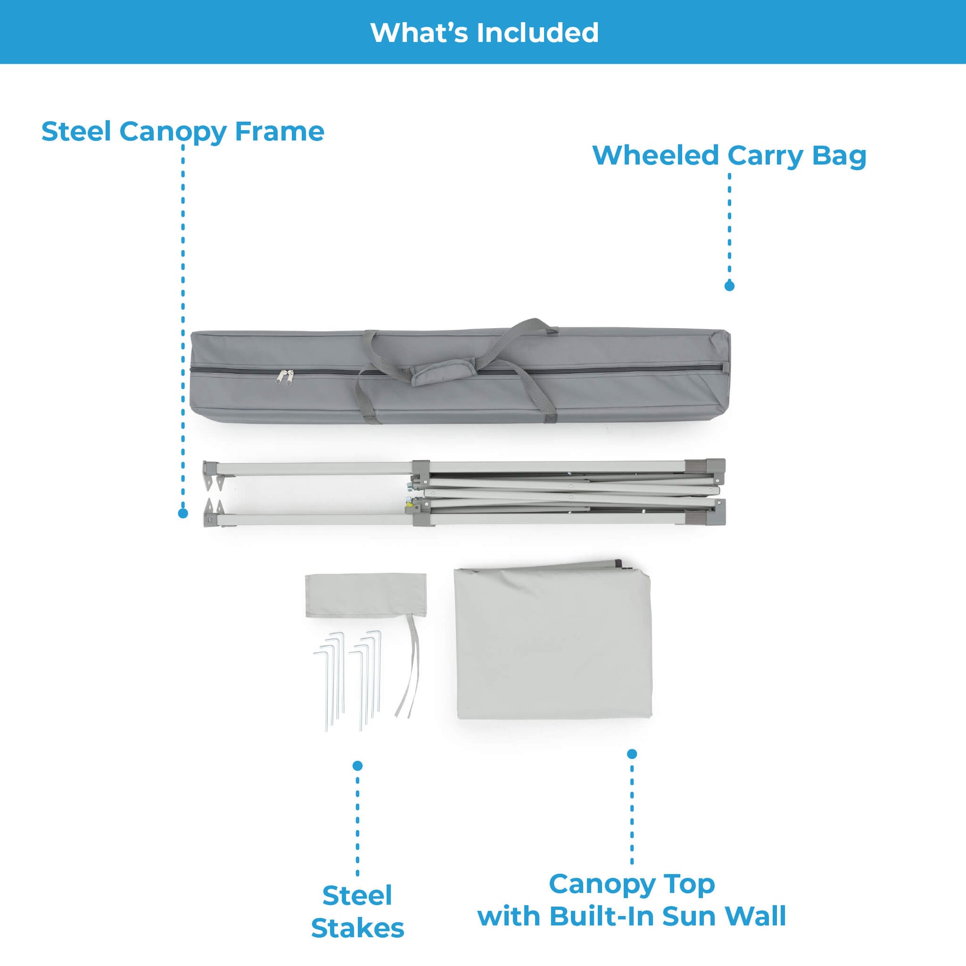 CORE 6x4 instant canopy set includes steel frame, canopy top with sun wall, stakes, and wheeled carry bag for easy transport.