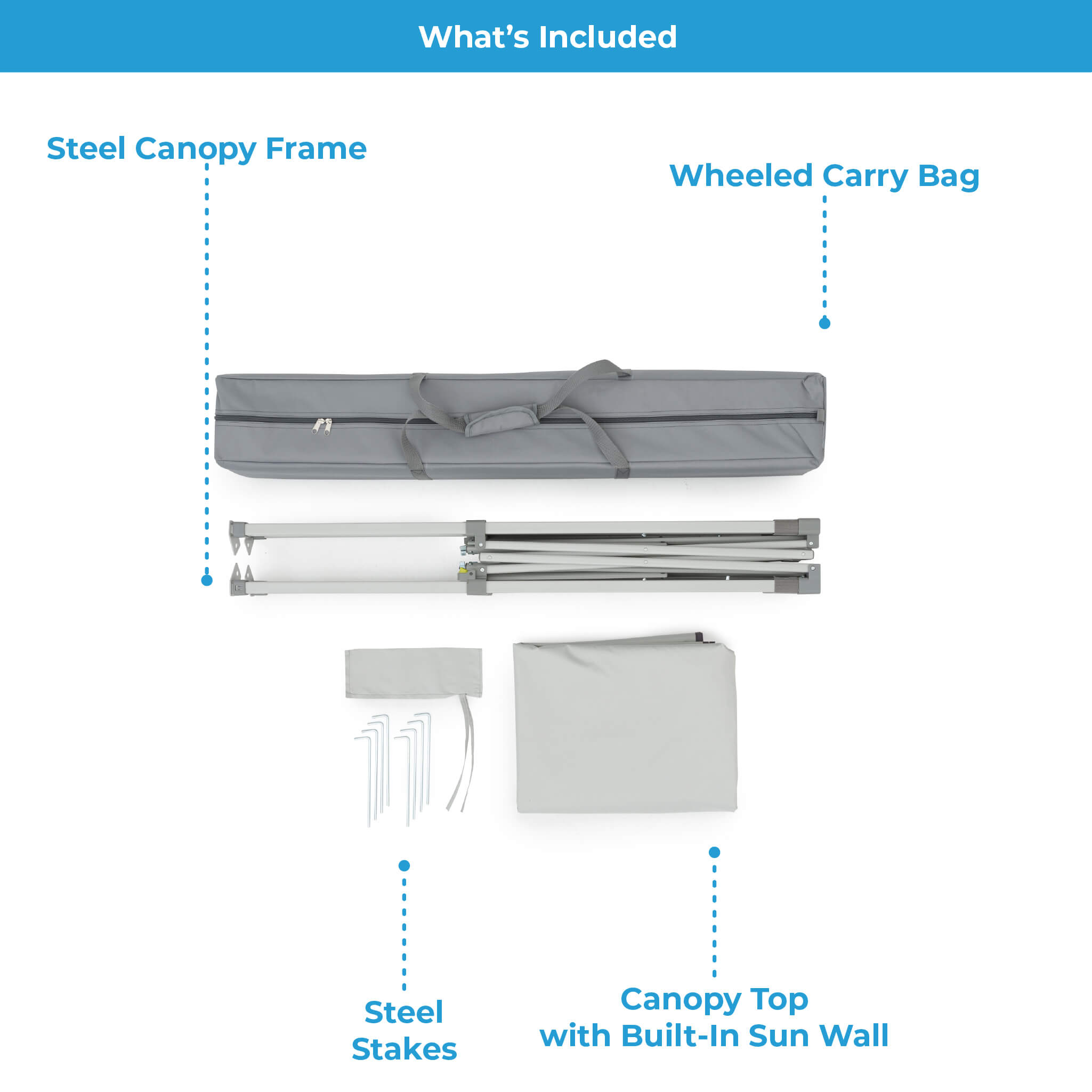 CORE 6x4 instant canopy set includes steel frame, canopy top with sun wall, stakes, and wheeled carry bag for easy transport.