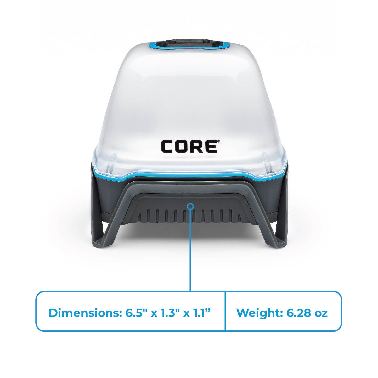 CORE 750 lumen rechargeable lantern dimensions 6.5 x 1.3 x 1.1 inches and weight 6.28 ounces for portability.