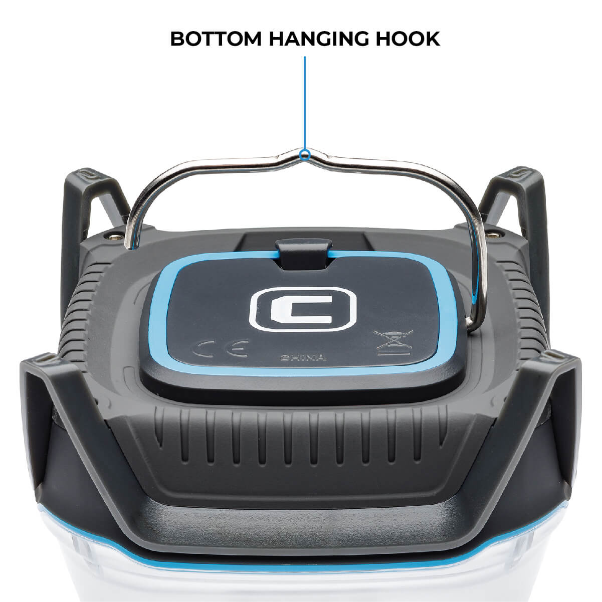 CORE 750 lumen rechargeable lantern shown with bottom hanging hook for overhead lighting in tents and shelters.