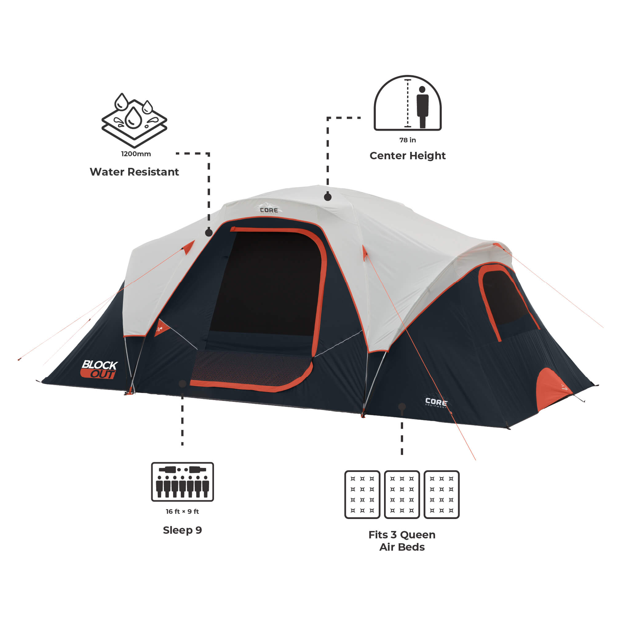 トップス liten Tent form BL 9 Person Extended Dome Blockout Tent – Core Equipment