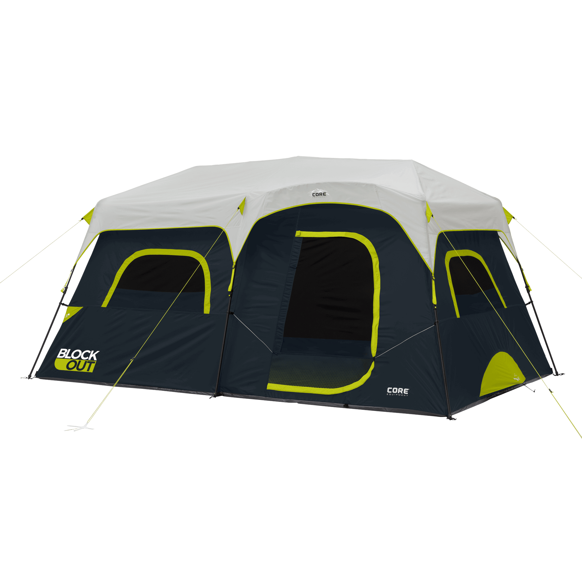 CORE 9 person Blockout instant cabin tent with gray rainfly, dark interior, and neon green trim for blocking 90% of sunlight.