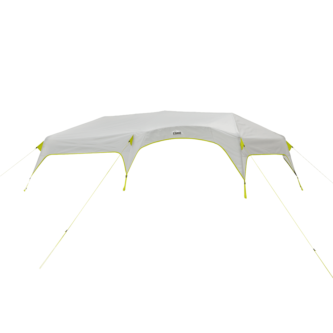 Replacement rainfly for CORE 9 Person Instant Cabin Tent with Blockout technology, featuring a gray top with neon green trim and guy lines.