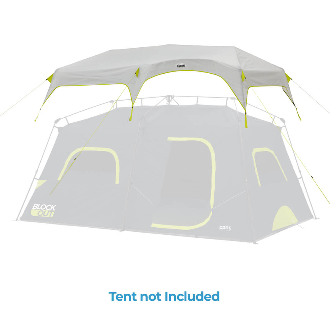 Replacement rainfly for CORE 9 Person Instant Cabin Tent with Blockout technology, shown installed above a faint outline of the tent. Text below reads "Tent not Included."