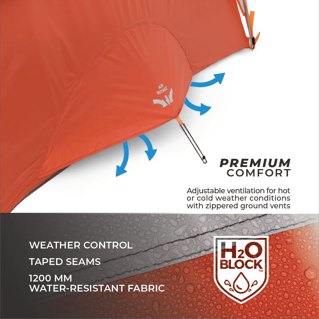 Close-up of a 9 person dome tent with features highlighted, including ventilation, weather control, and water-resistant fabric.