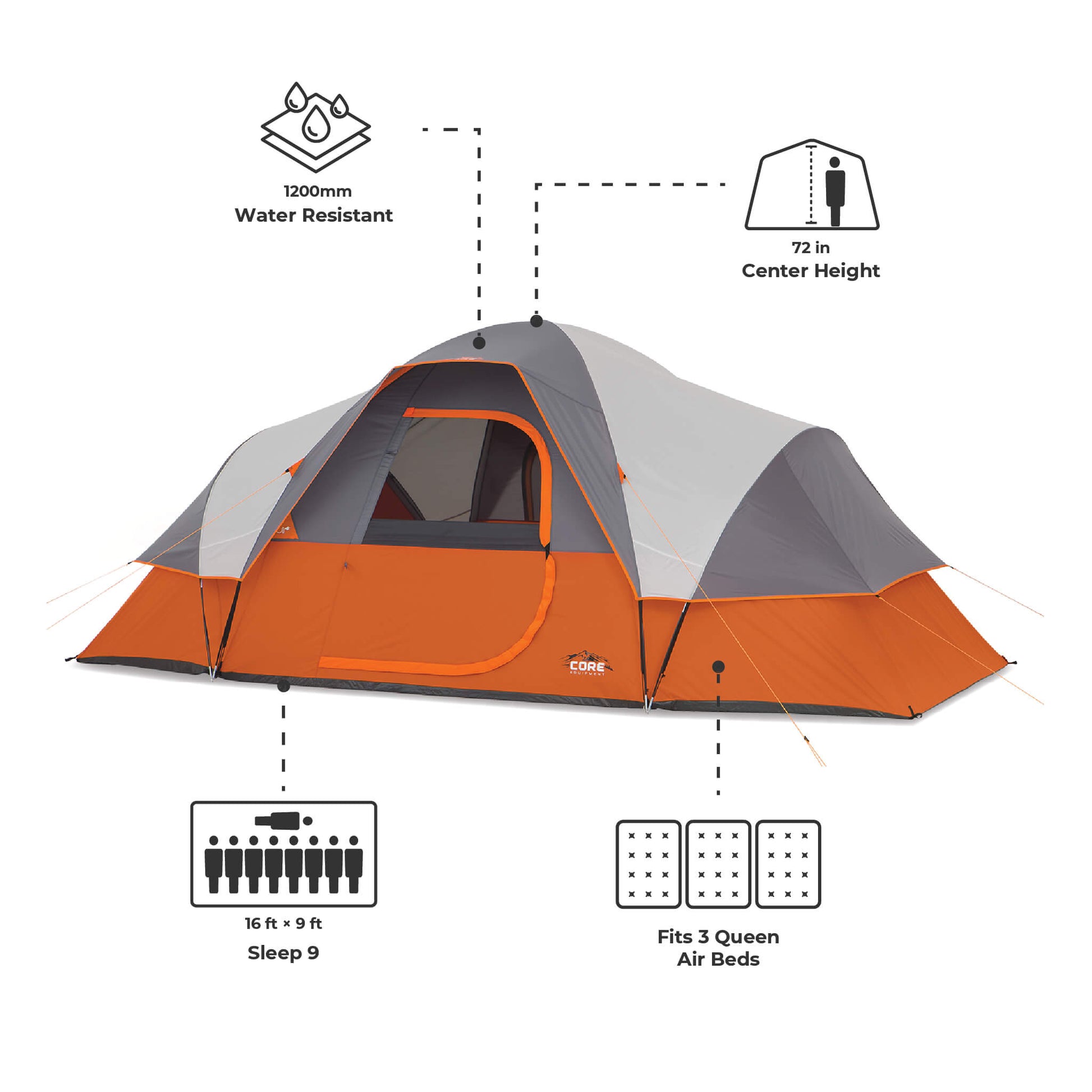 camping tent dome Core Equipment 9 Person Extended Dome Tent 16' x 9'